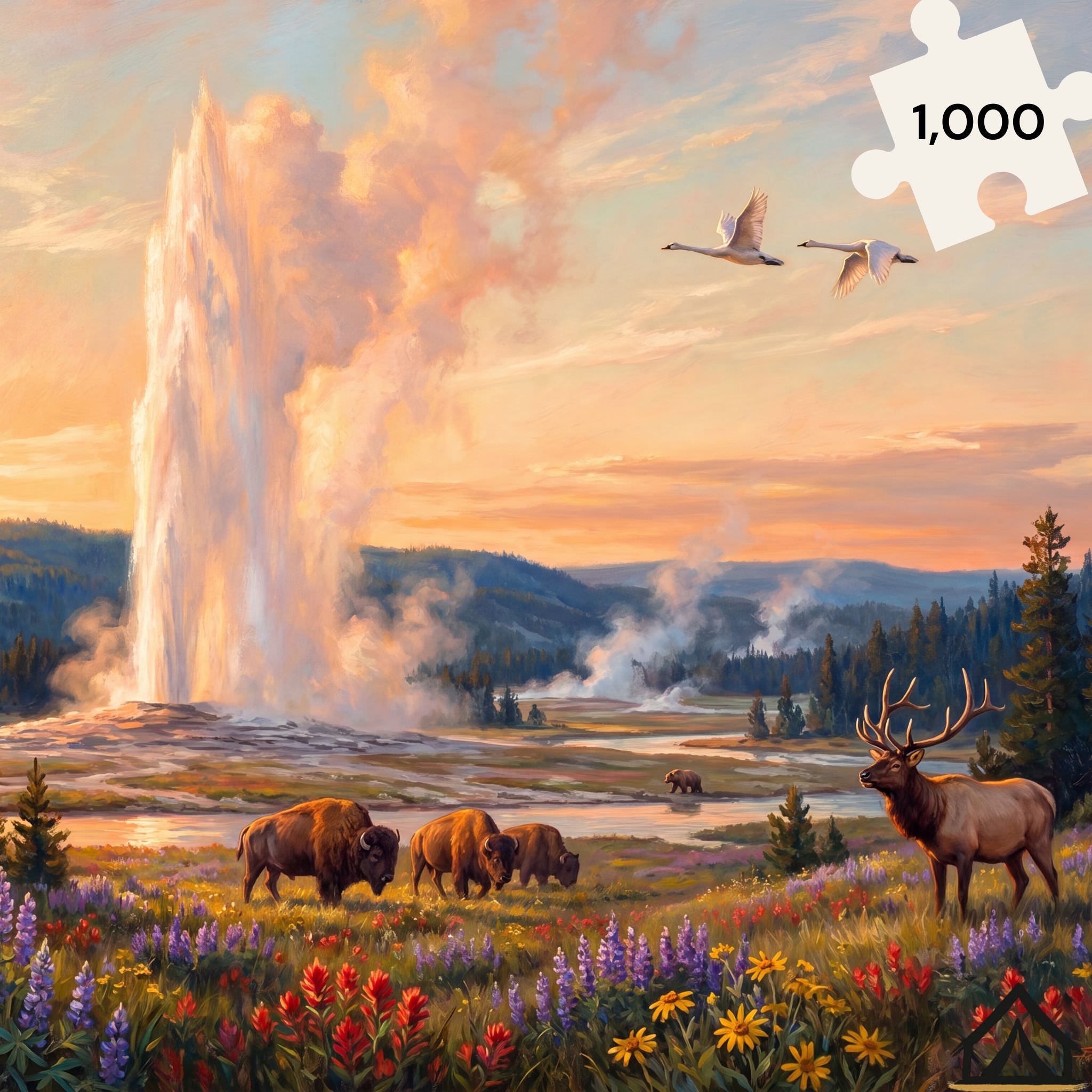 Yellowstone National Park Old Faithful jigsaw puzzle — sunrise over Upper Geyser Basin — 1000 piece fine art