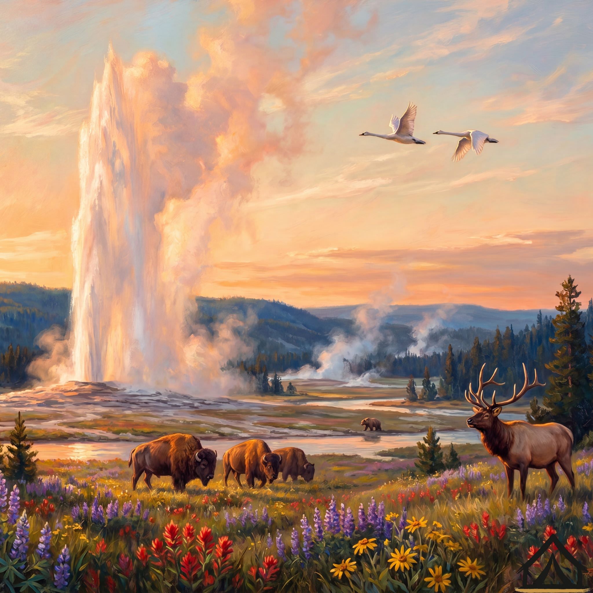 Yellowstone National Park Old Faithful jigsaw puzzle — sunrise over Upper Geyser Basin — 1000 piece fine art