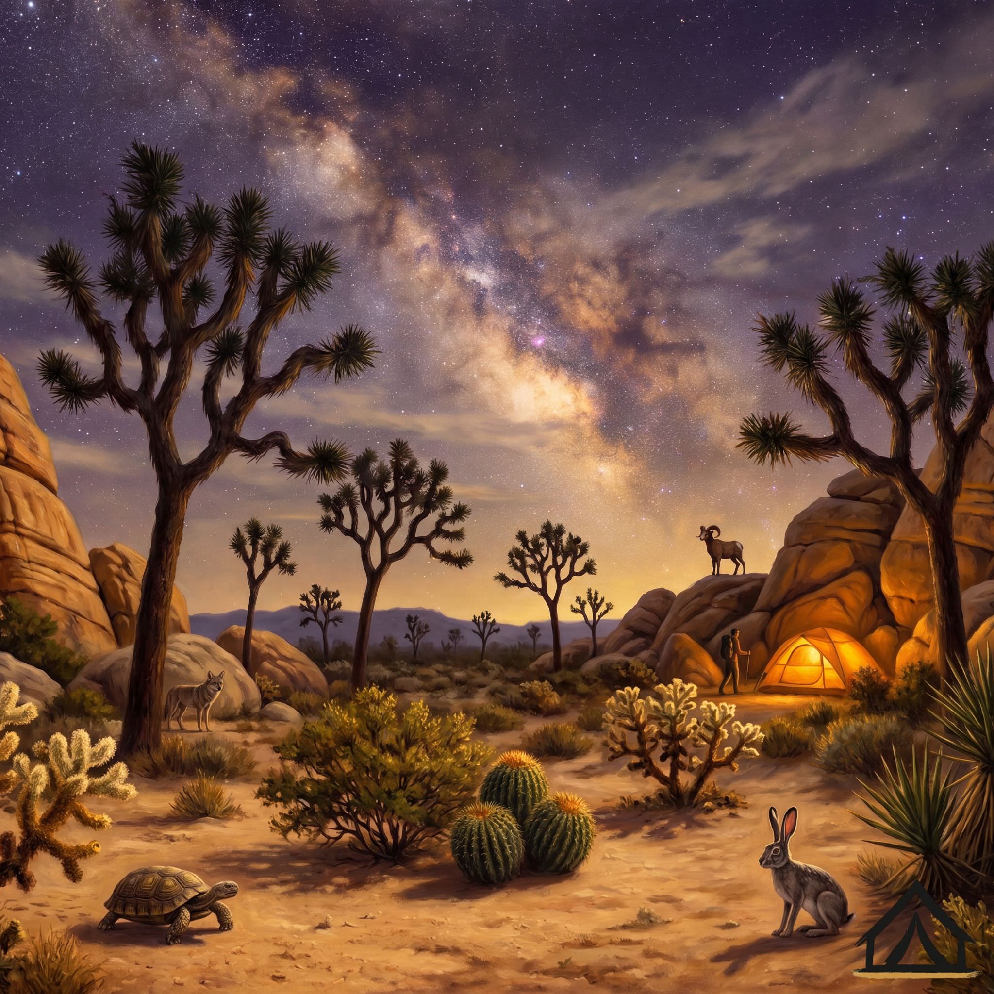 Joshua Tree National Park night sky jigsaw puzzle — Milky Way over twisted Joshua Tree silhouettes and honey amber monzogranite boulders — 1000 piece fine art