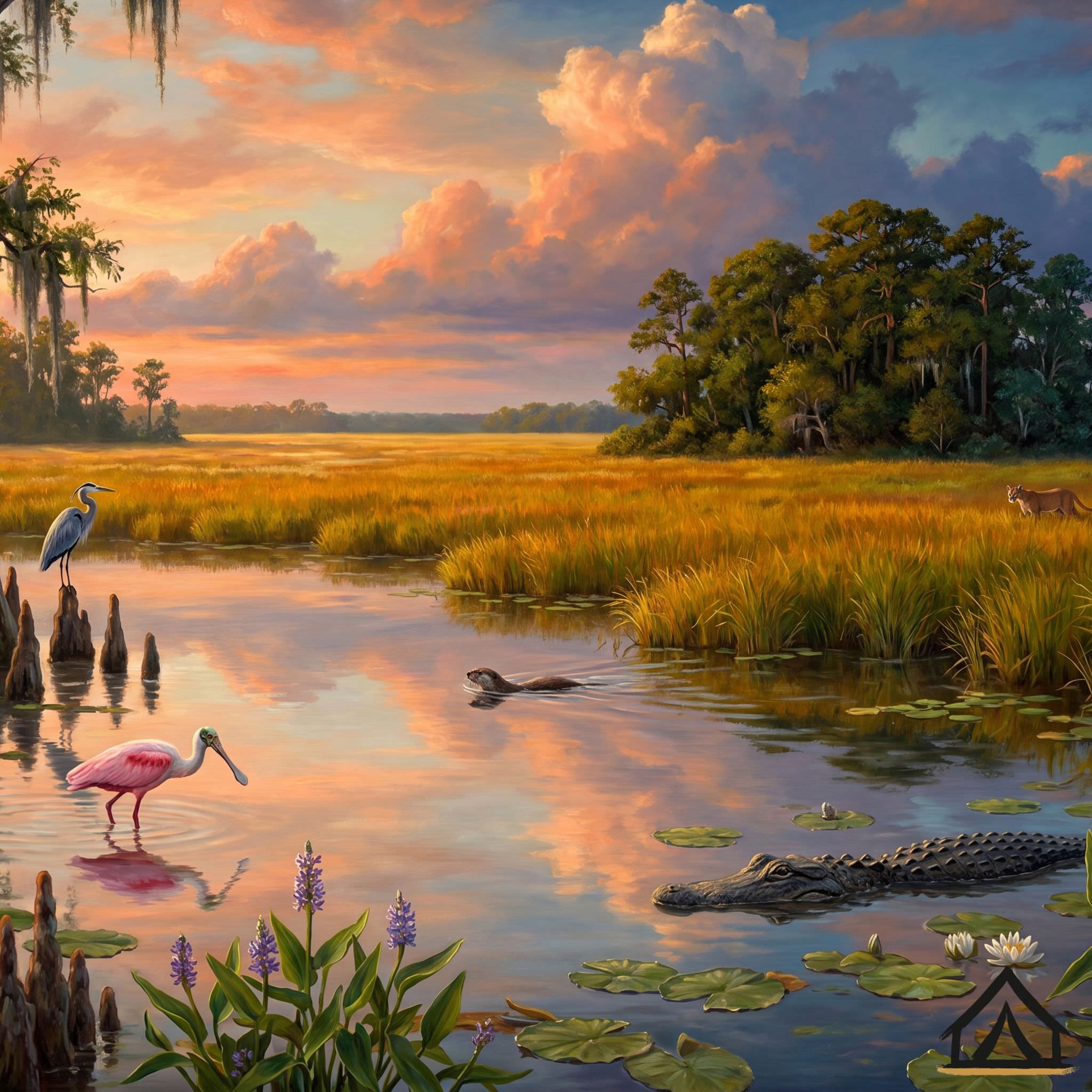 Everglades National Park golden hour jigsaw puzzle — Roseate Spoonbill Great Blue Heron alligator sawgrass
prairie cypress trees — 1000 piece fine art