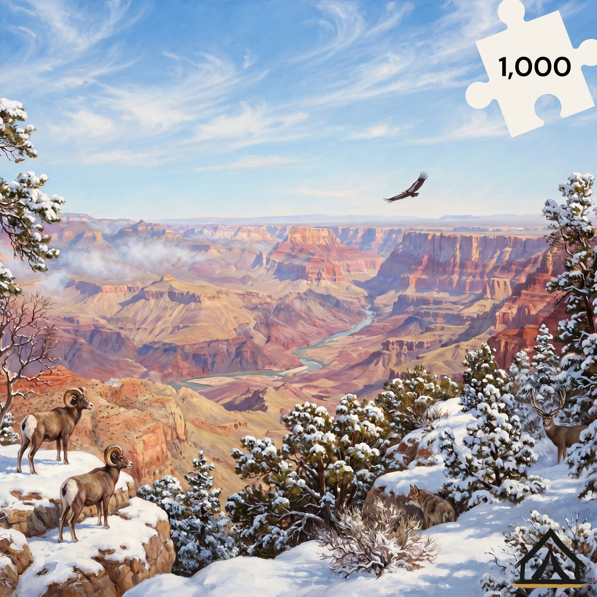 Grand Canyon South Rim winter jigsaw puzzle with snow-dusted canyon and desert bighorn sheep