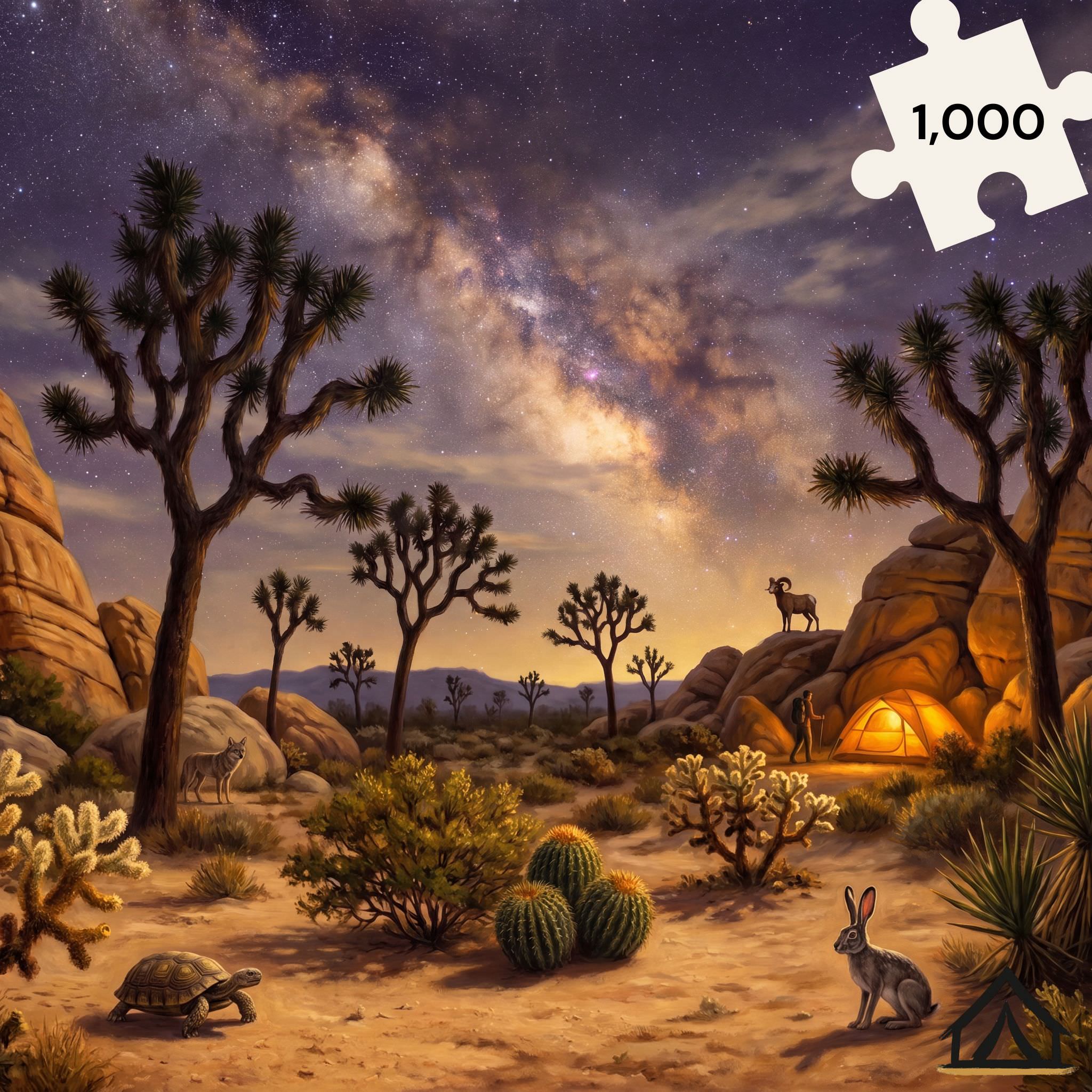 Joshua Tree National Park night sky jigsaw puzzle — Milky Way over twisted Joshua Tree silhouettes and honey amber monzogranite boulders — 1000 piece fine art