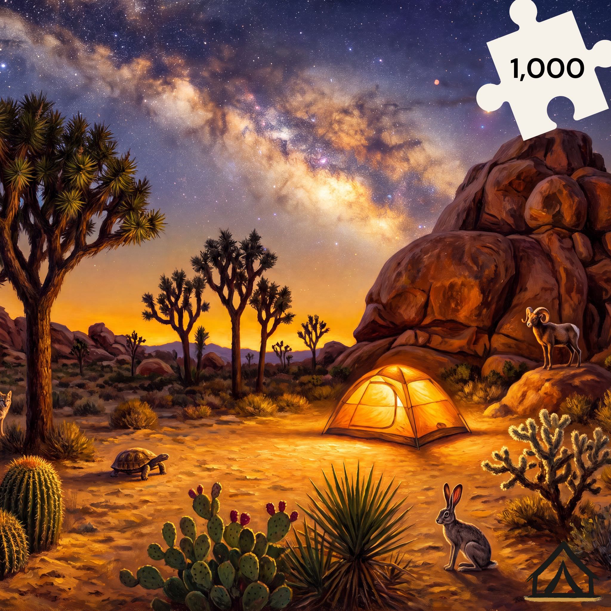 Joshua Tree National Park night sky jigsaw puzzle — Milky Way over twisted Joshua Tree silhouettes and honey amber monzogranite boulders — 1000 piece fine art