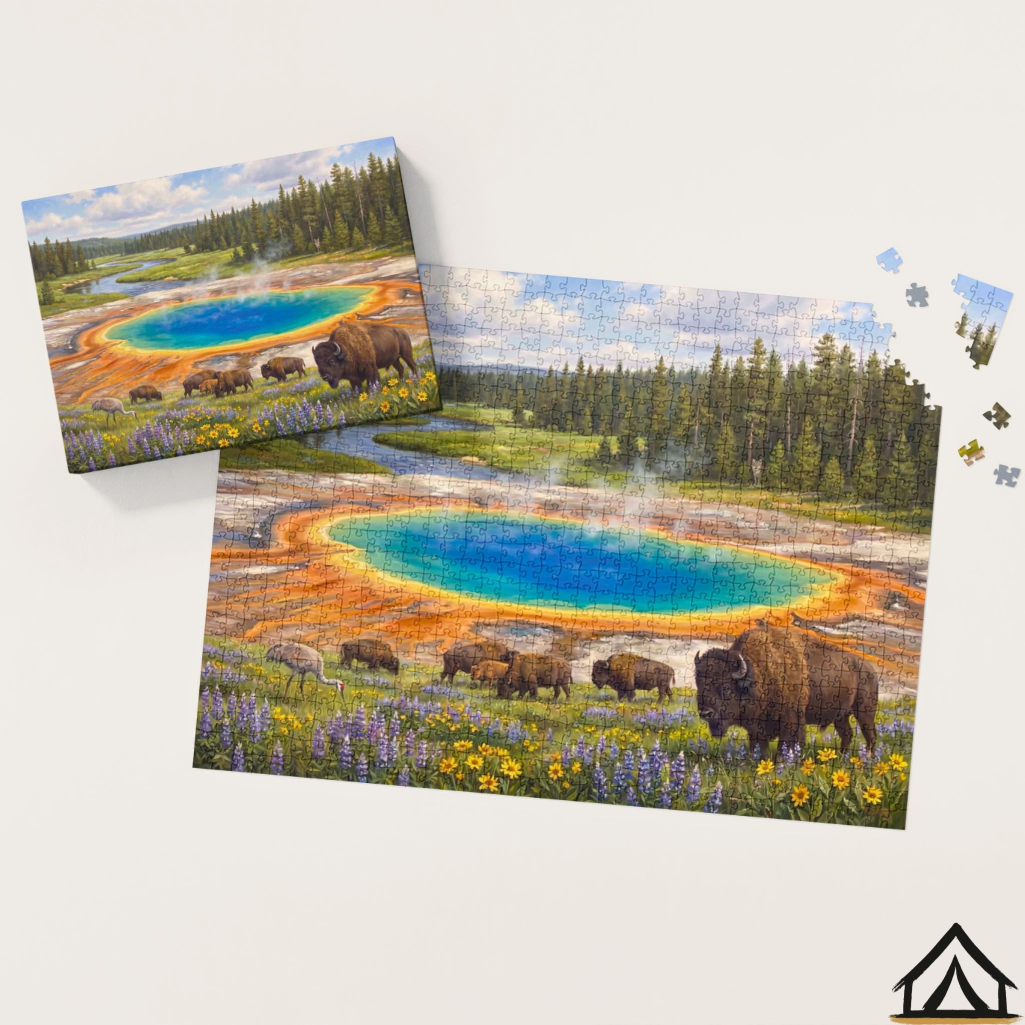 Nomad Puzzles Co. Yellowstone Grand Prismatic puzzle box and completed 1000 piece jigsaw puzzle