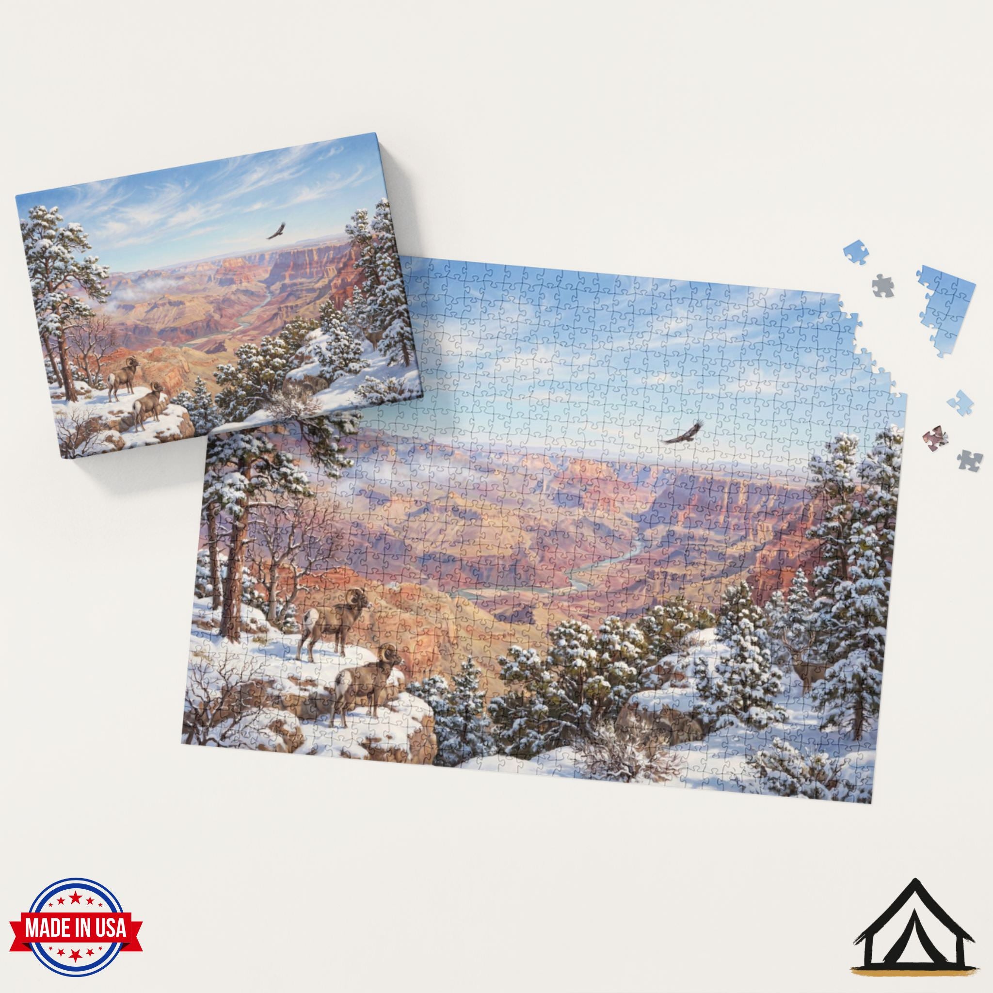 Grand Canyon Winter puzzle box displayed in a cozy home setting