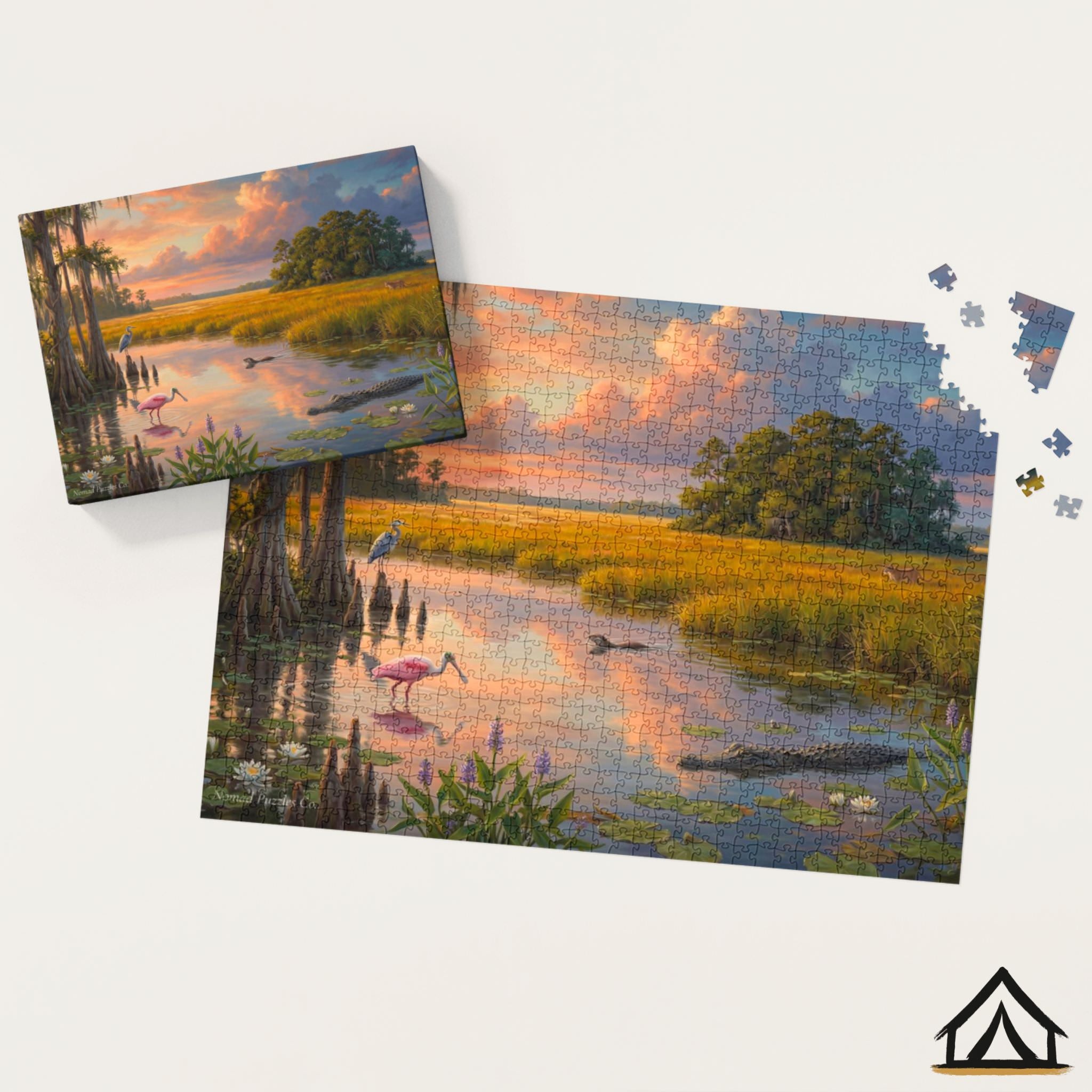 Nomad Puzzles Co. Everglades puzzle box and completed jigsaw puzzle golden hour sawgrass prairie