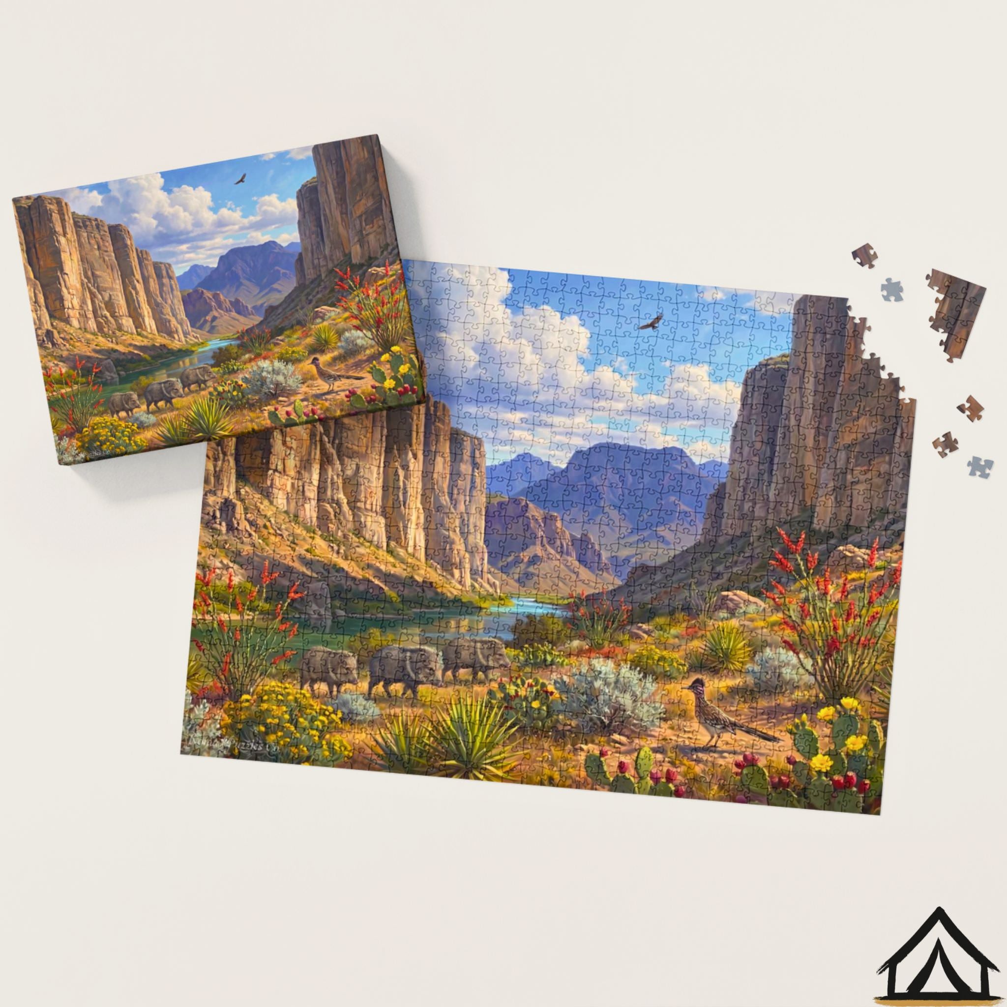 Nomad Puzzles Co. Big Bend Day puzzle box and completed 1000 piece jigsaw puzzle Santa Elena Canyon