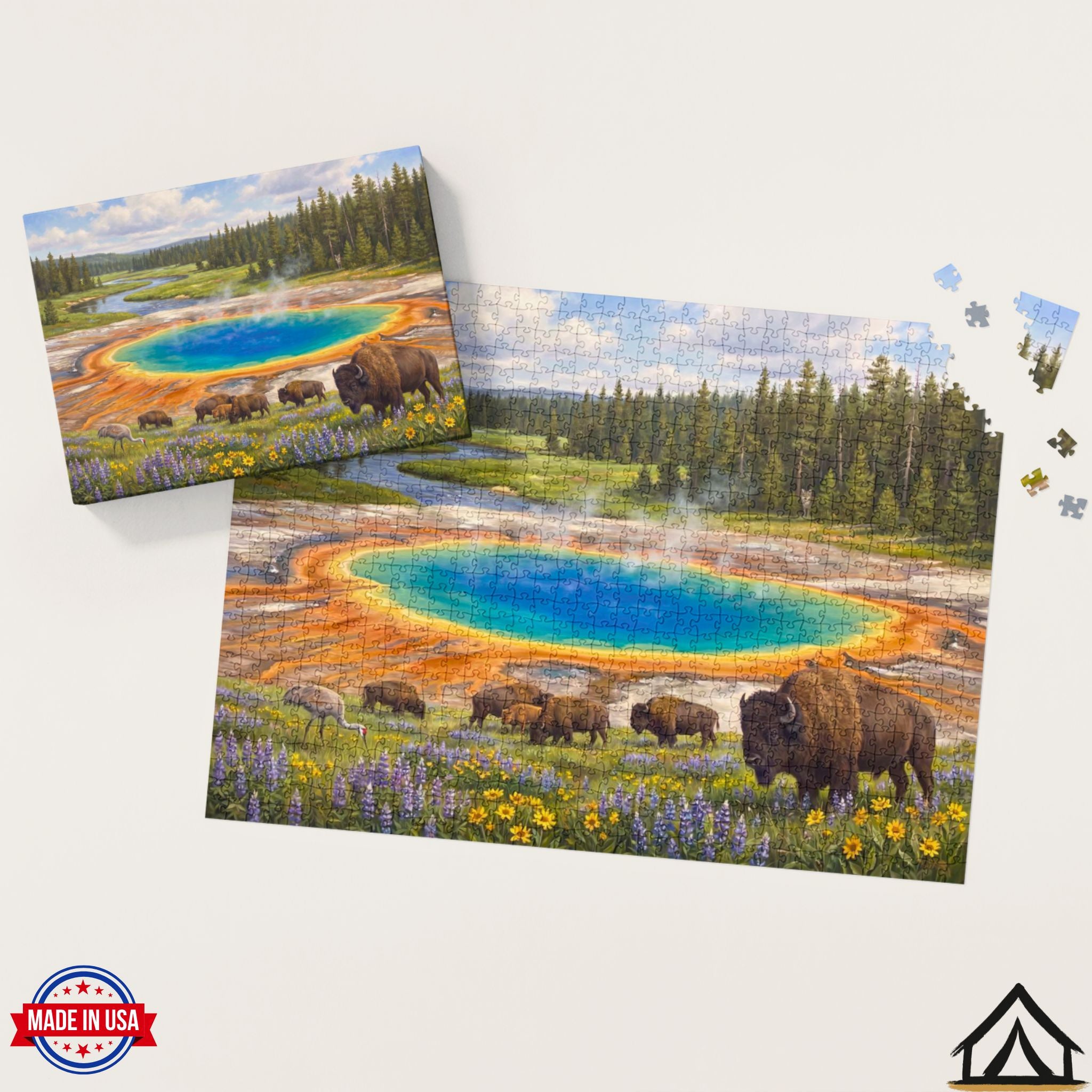 Nomad Puzzles Co. Yellowstone Grand Prismatic puzzle box and completed 1000 piece jigsaw puzzle