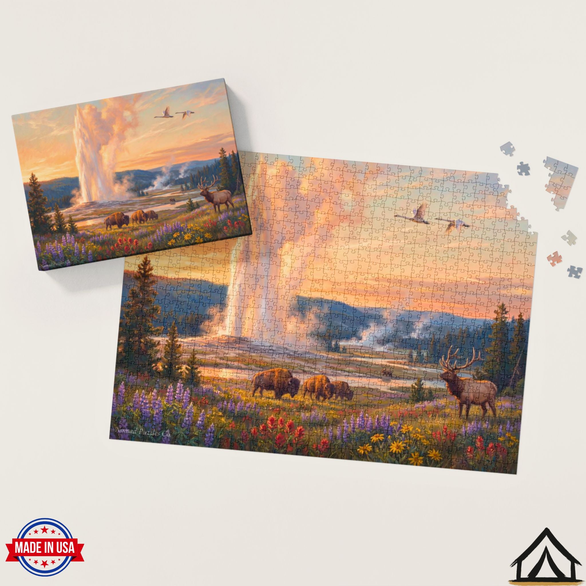 Nomad Puzzles Co. Yellowstone Old Faithful puzzle box and completed 1000 piece jigsaw puzzle