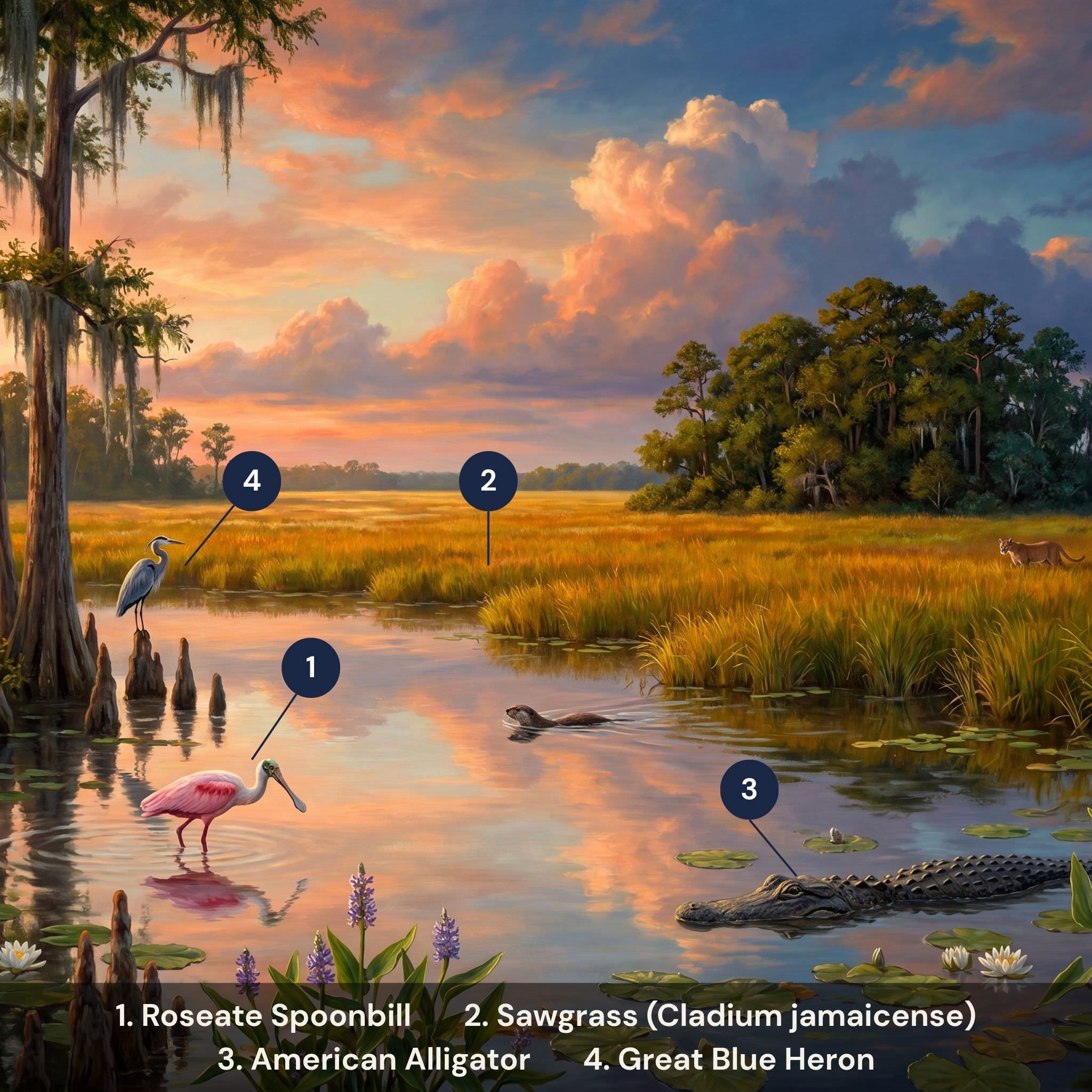 Everglades National Park puzzle flora fauna guide — Roseate Spoonbill Great Blue Heron American alligator sawgrass
