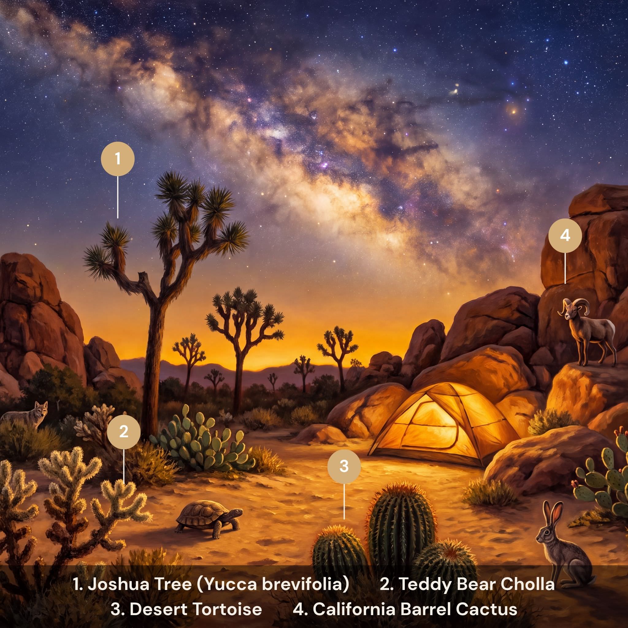 Joshua Tree National Park puzzle flora fauna guide — Joshua Tree Teddy Bear Cholla desert tortoise bighorn sheep