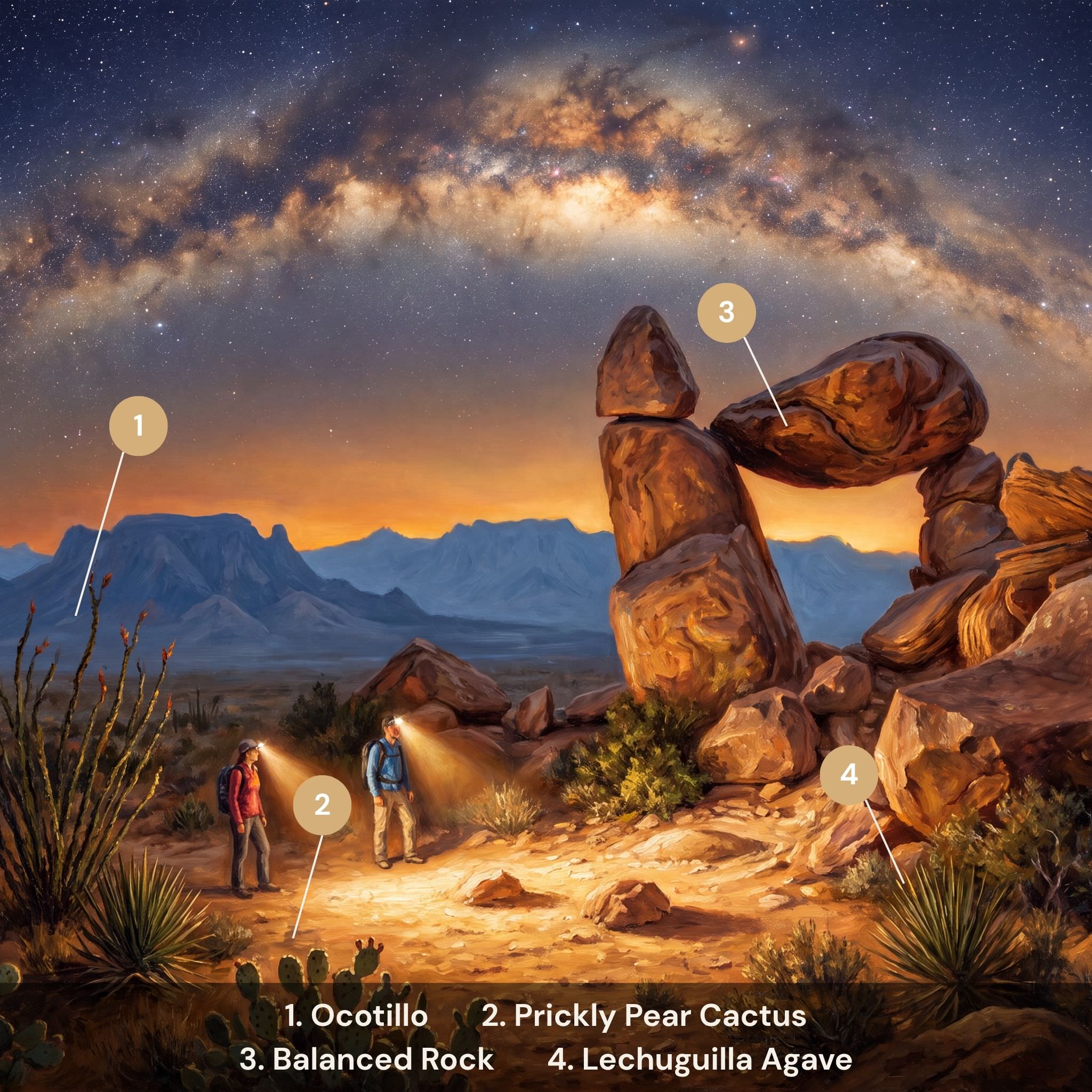 Big Bend National Park puzzle flora and fauna guide — ocotillo prickly pear balanced rock lechuguilla agave