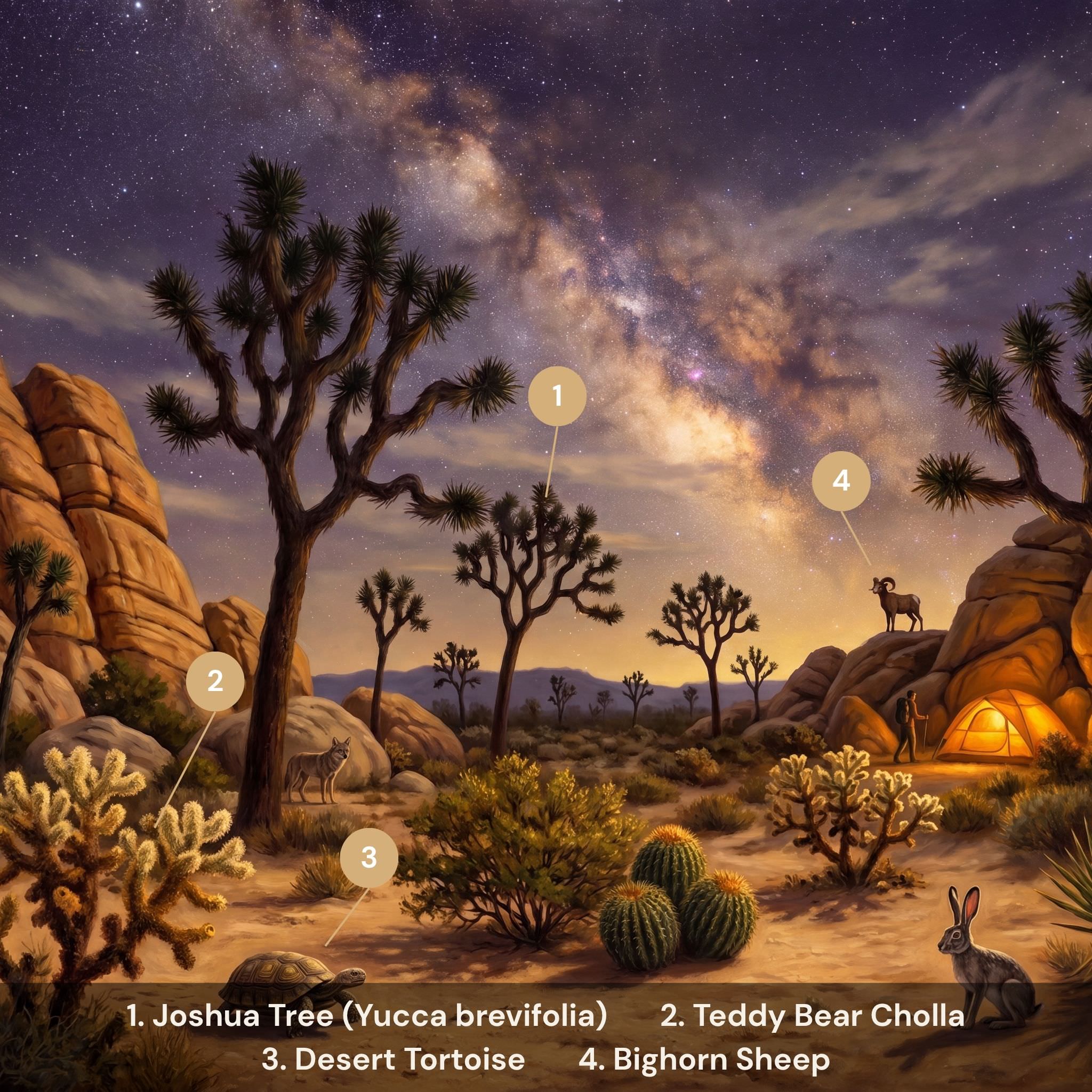 Joshua Tree National Park puzzle flora fauna guide — Joshua Tree Teddy Bear Cholla desert tortoise bighorn sheep