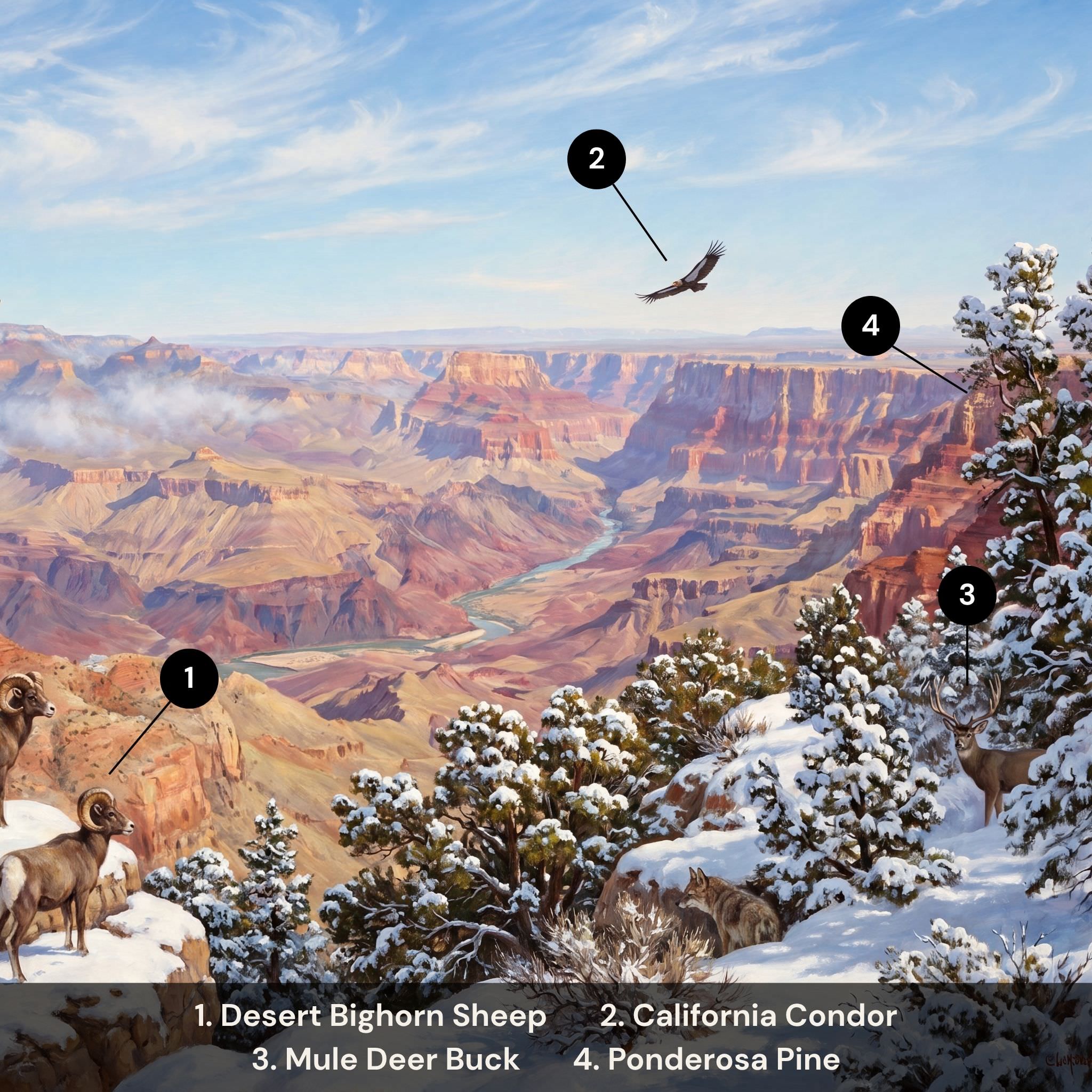 Wildlife guide for Grand Canyon Winter puzzle featuring desert bighorn sheep, California condor, mule deer, and ponderosa pine. Made in USA