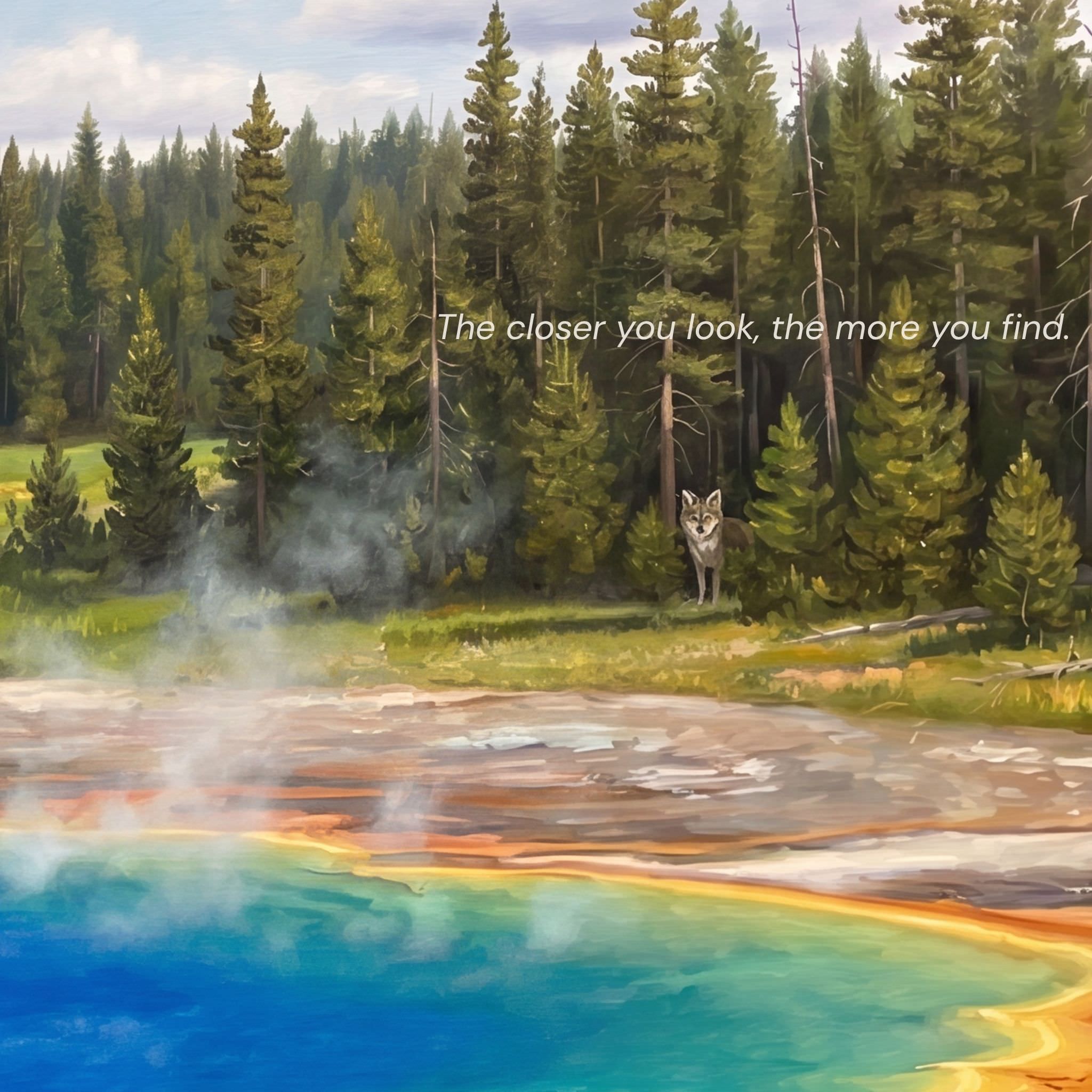 Yellowstone Grand Prismatic puzzle detail — wolf discovery element Midway Geyser Basin wildlife