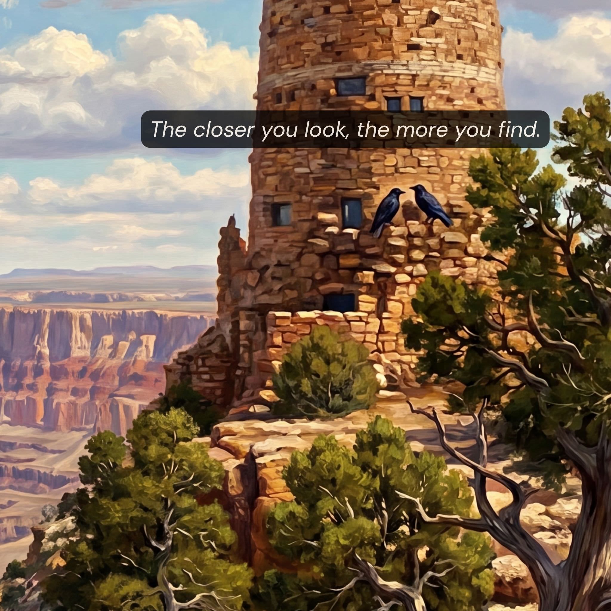 Close-up detail of Grand Canyon Desert View puzzle pieces Watchtower stonework