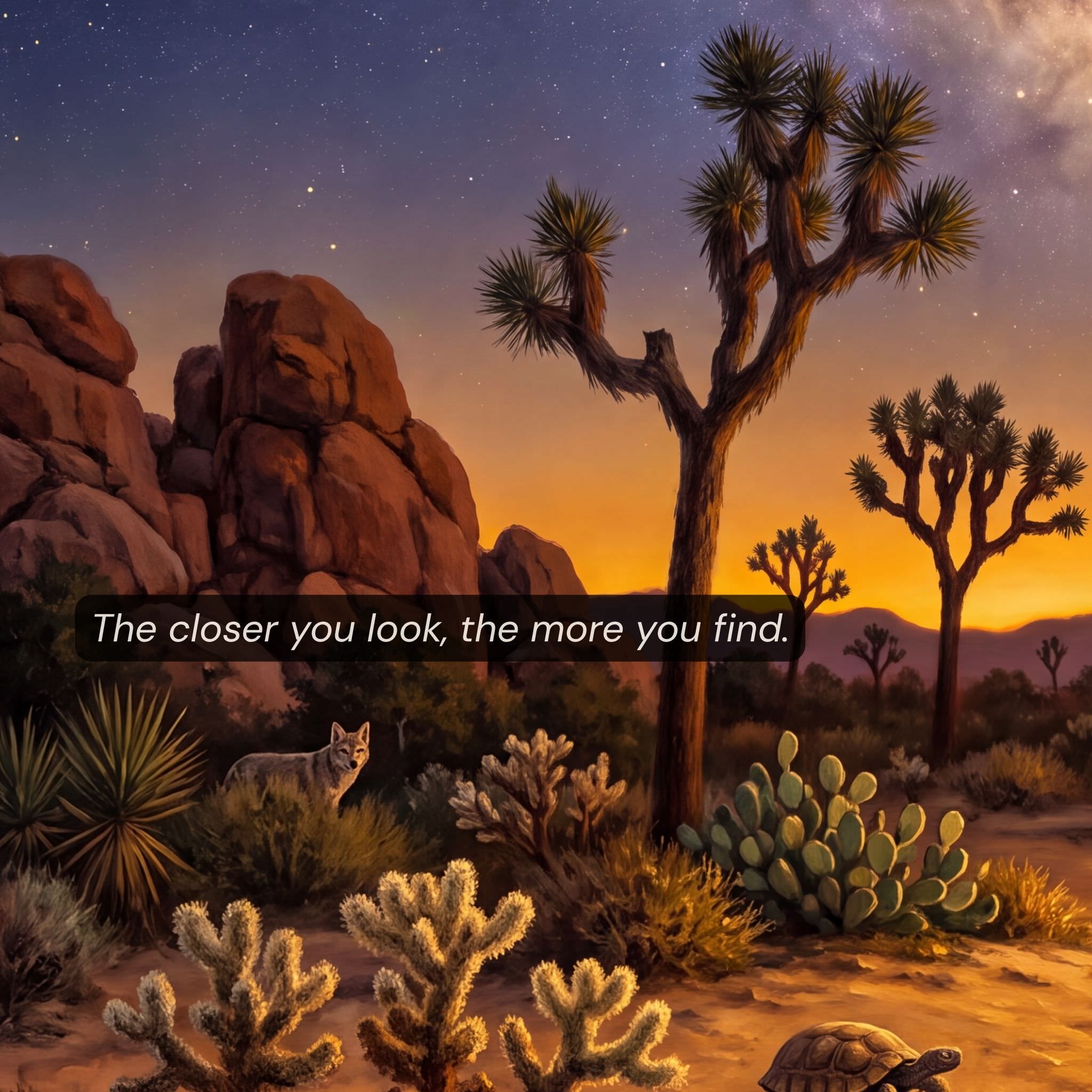 Joshua Tree Night puzzle detail — solo coyote among monzogranite boulders Mojave Desert dark sky