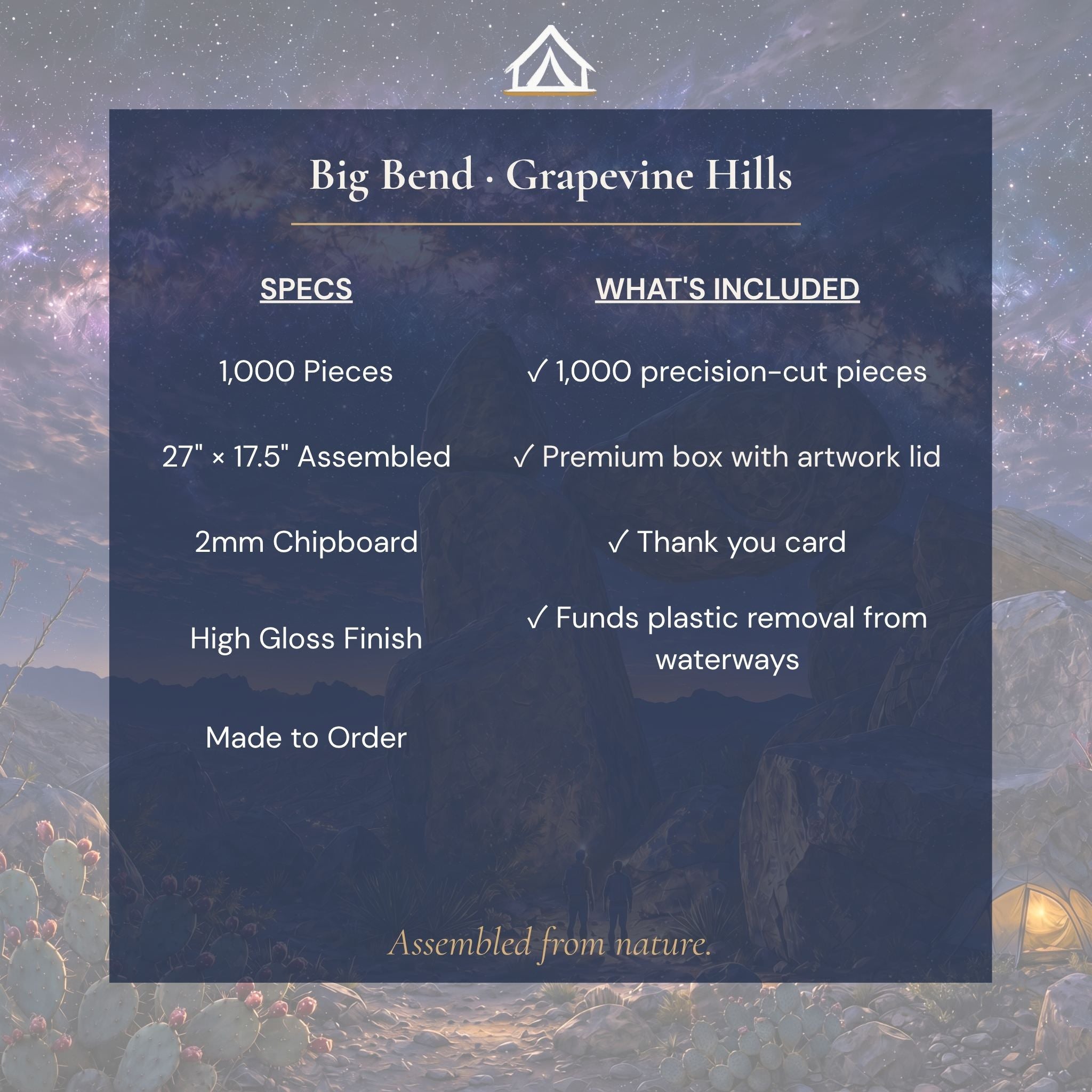 Big Bend Night puzzle specifications — 1000 pieces 27x17.5 inches 2mm chipboard dye sublimation