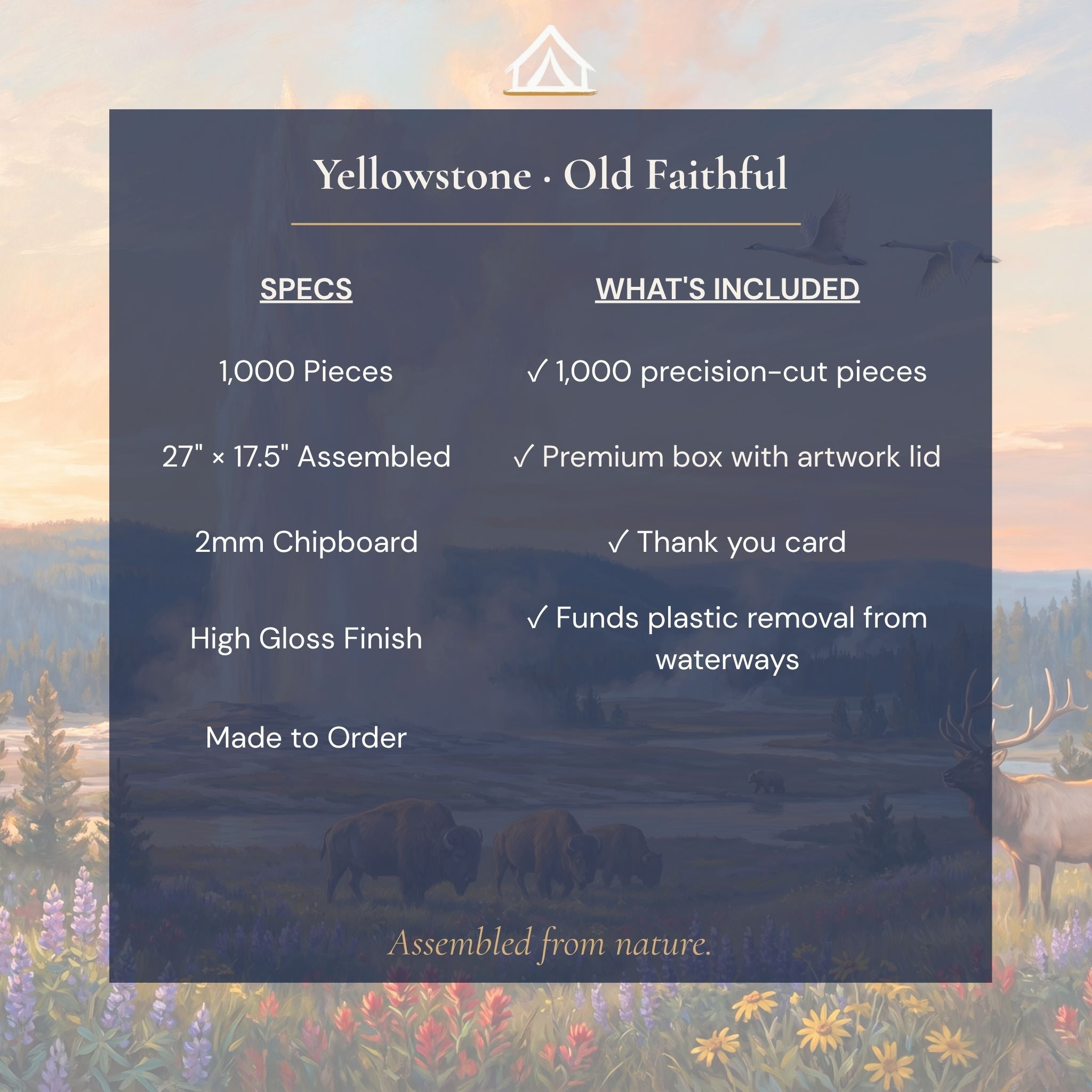 Yellowstone Old Faithful puzzle specifications — 1000 pieces
27x17.5 inches 2mm chipboard dye sublimation