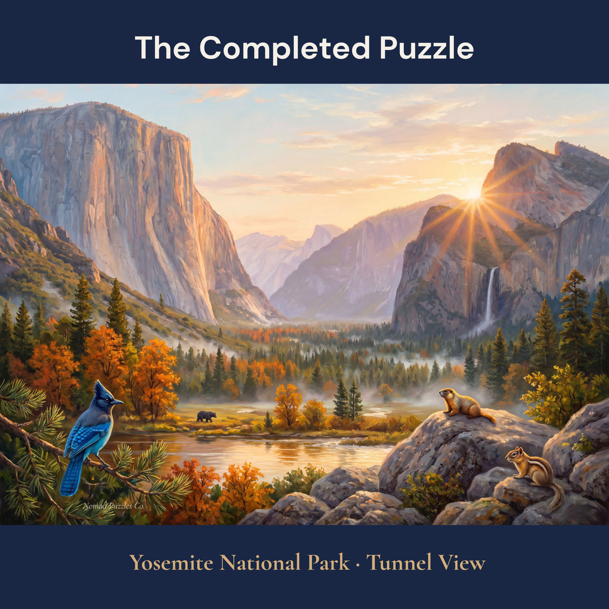 Full Yosemite National Park puzzle artwork: the valley view with granite cliffs and waterfall