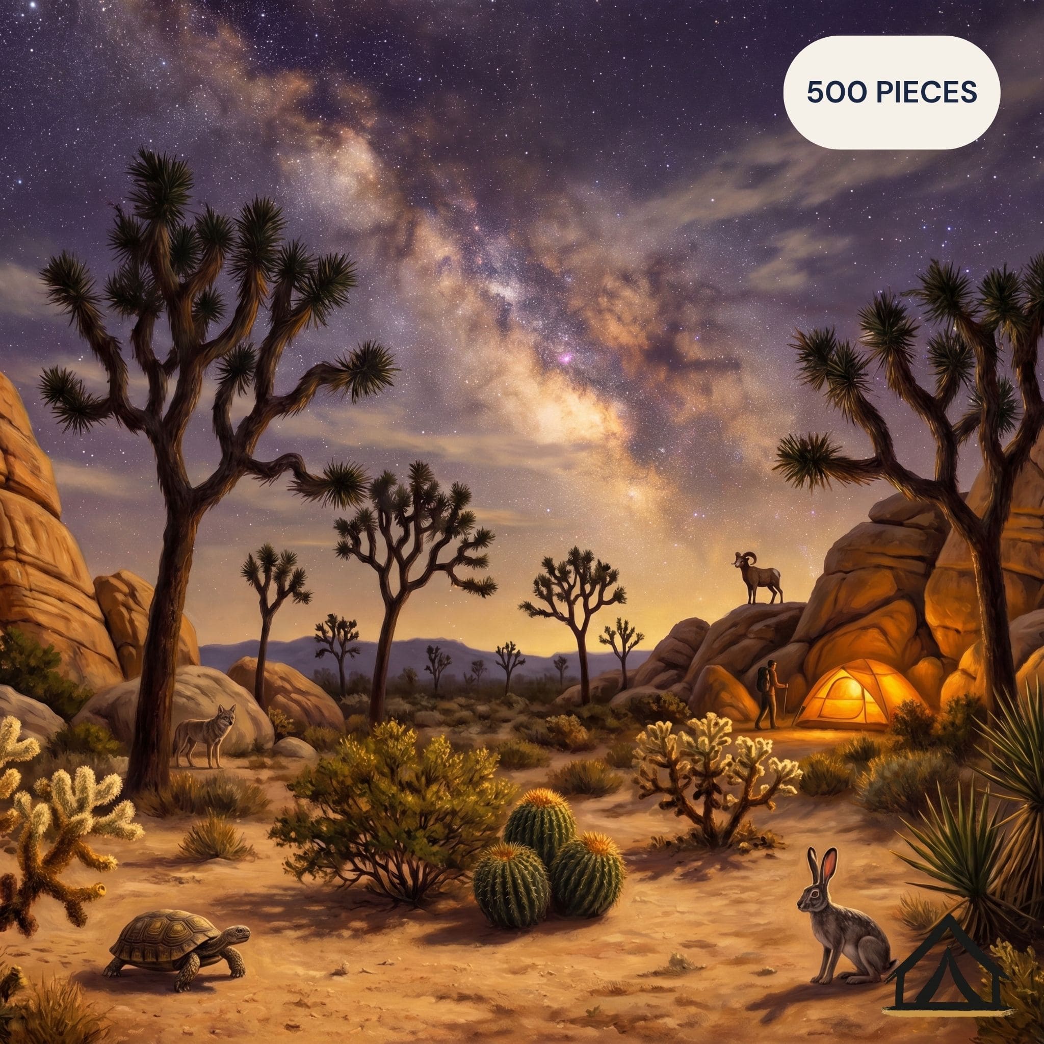 Joshua Tree National Park night sky jigsaw puzzle — Milky Way over twisted Joshua Tree silhouettes and honey amber monzogranite boulders — 500 piece fine art