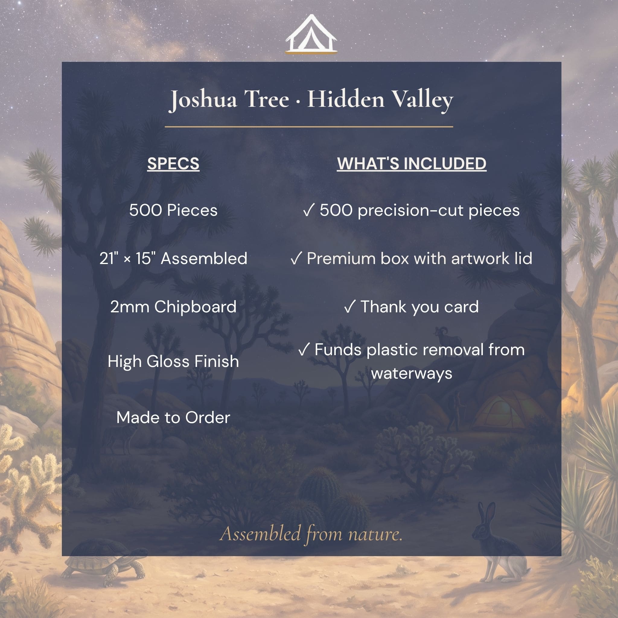 Joshua Tree Night puzzle specifications — 500 pieces 21x15 inches 2mm chipboard dye sublimation printing