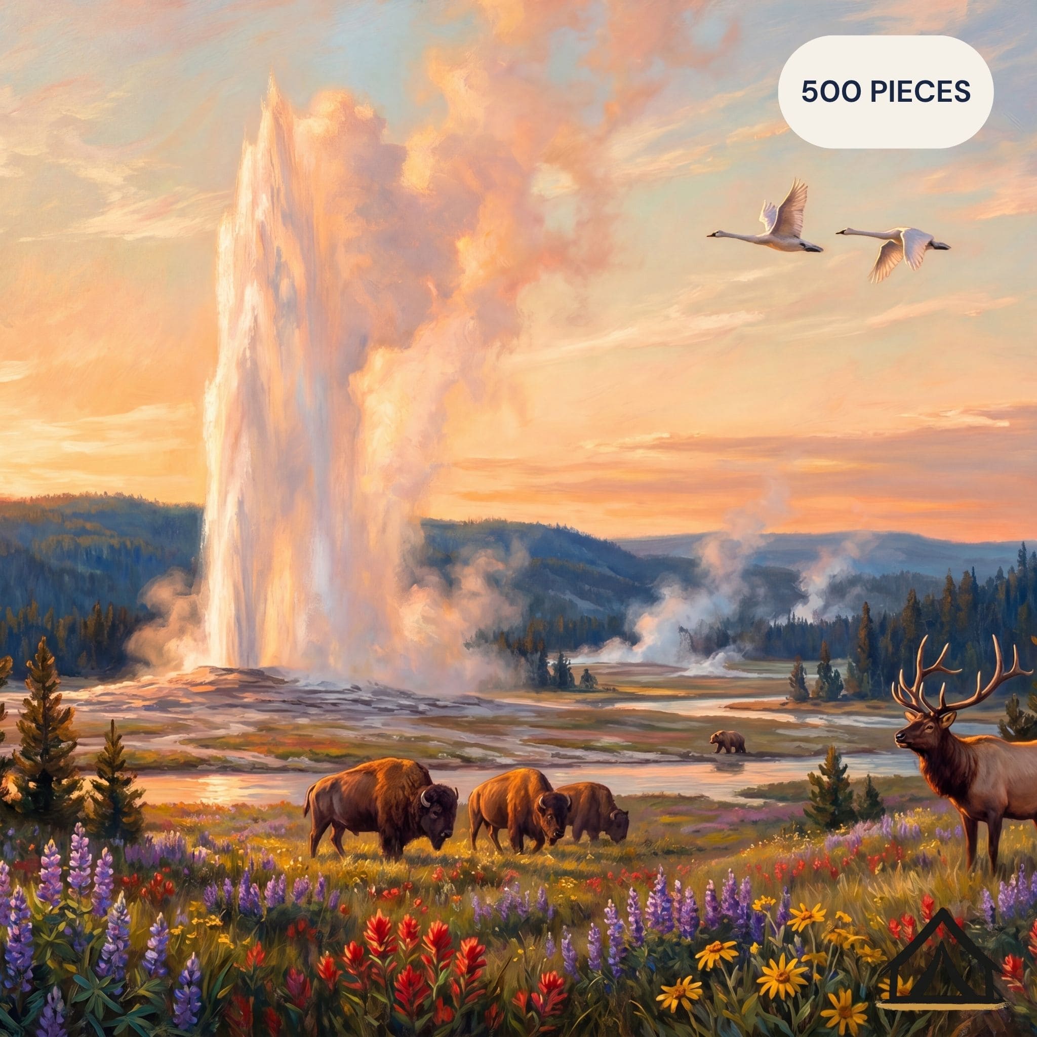 Yellowstone National Park Old Faithful jigsaw puzzle — sunrise over Upper Geyser Basin — 500 piece fine art
