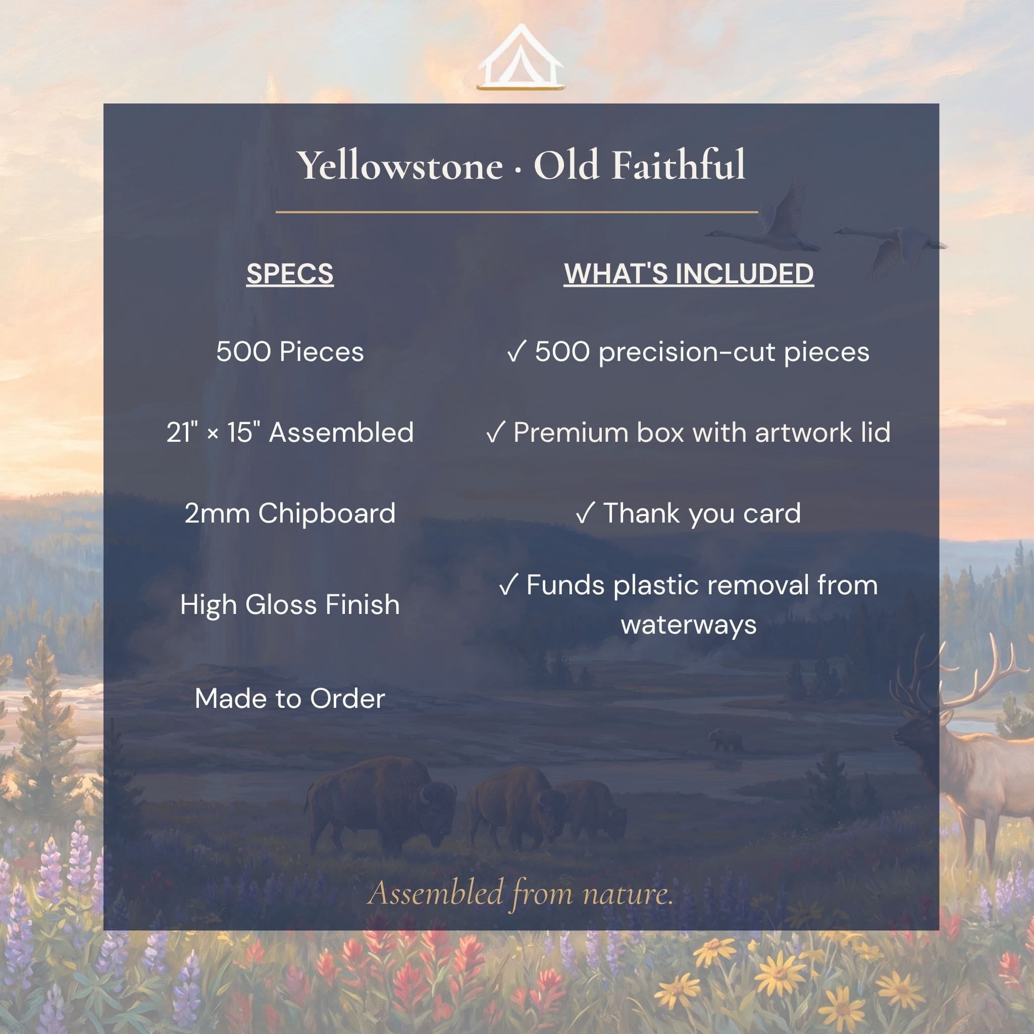Yellowstone Old Faithful puzzle specifications — 500 pieces
21x15 inches 2mm chipboard dye sublimation