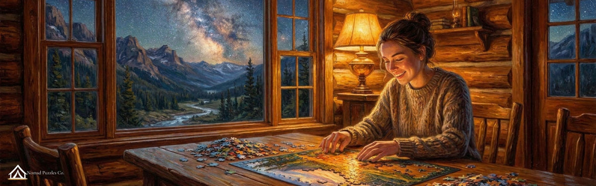 A young woman assembles a jigsaw puzzle by lamplight in a cozy log cabin, smiling as the Milky Way stretches across the night sky through the window behind her.
