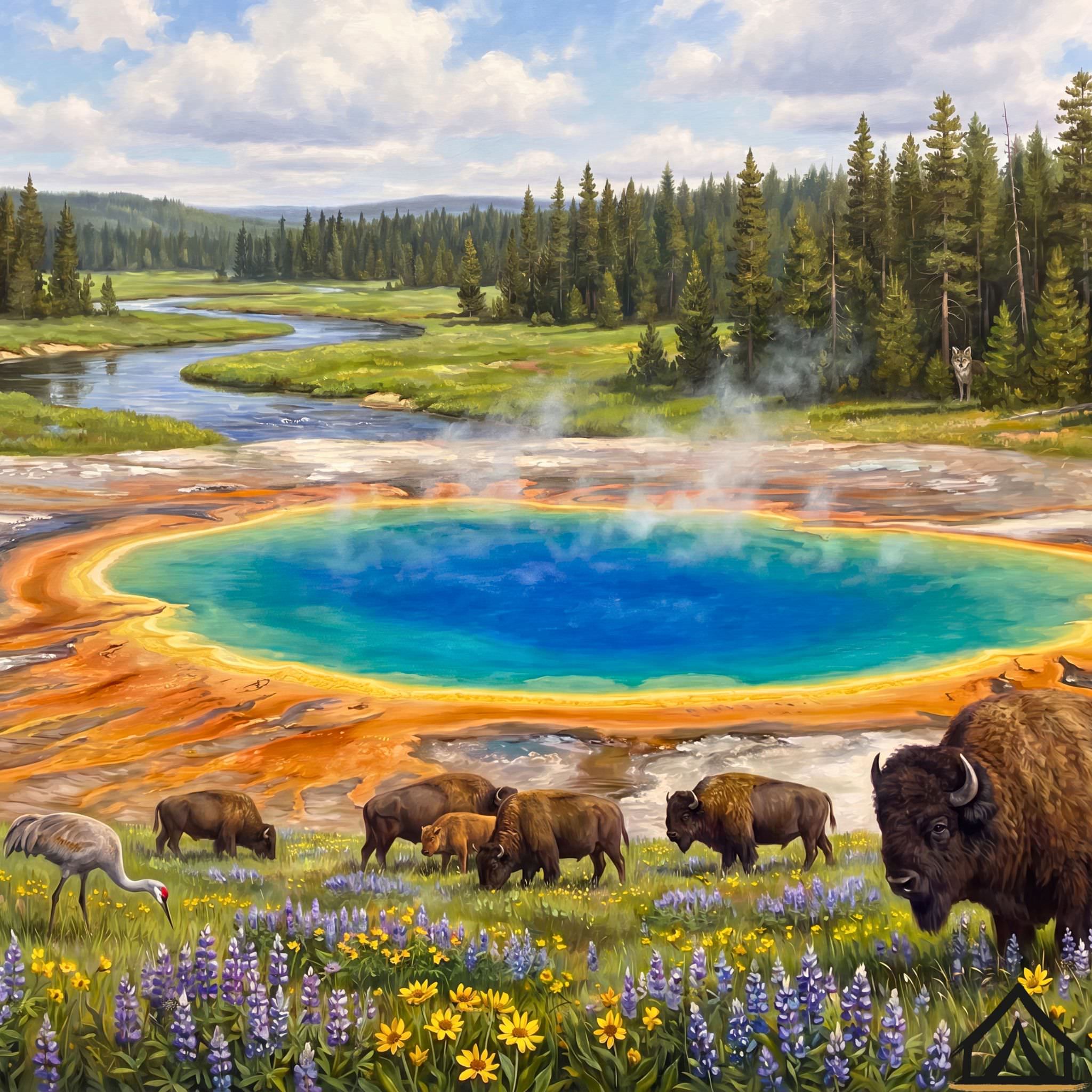 Yellowstone National Park Grand Prismatic Spring jigsaw puzzle — bison sandhill crane wildflowers — 1000 piece fine art