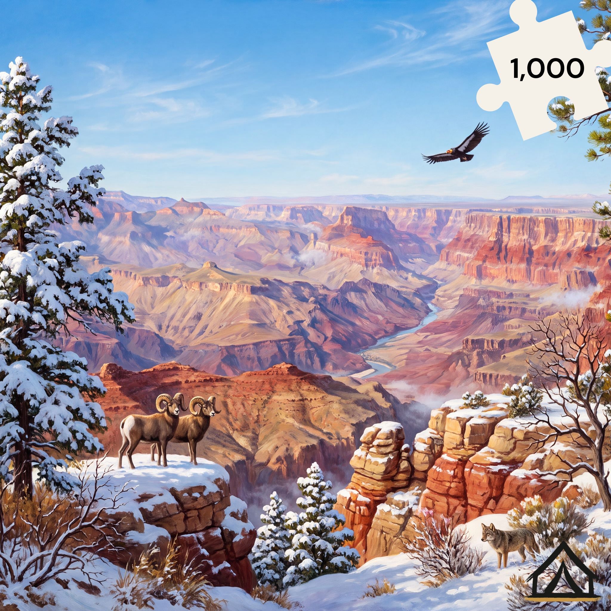 Grand Canyon South Rim winter jigsaw puzzle with snow-dusted canyon and desert bighorn sheep