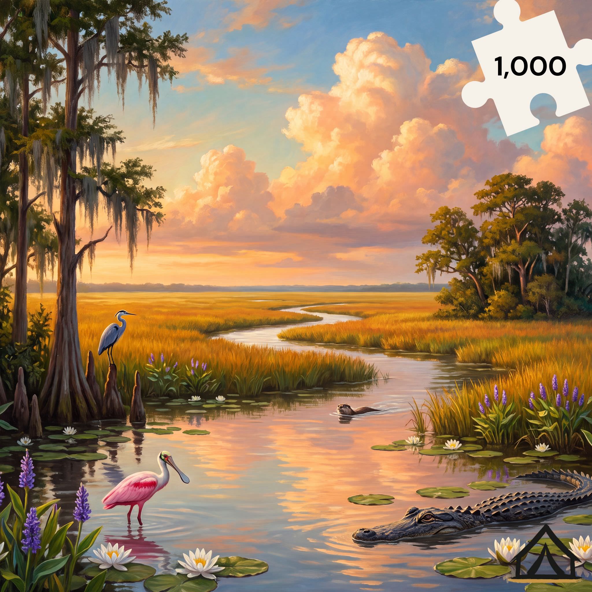 Everglades National Park golden hour jigsaw puzzle — Roseate Spoonbill Great Blue Heron alligator sawgrass 
prairie cypress trees — 1000 piece fine art
