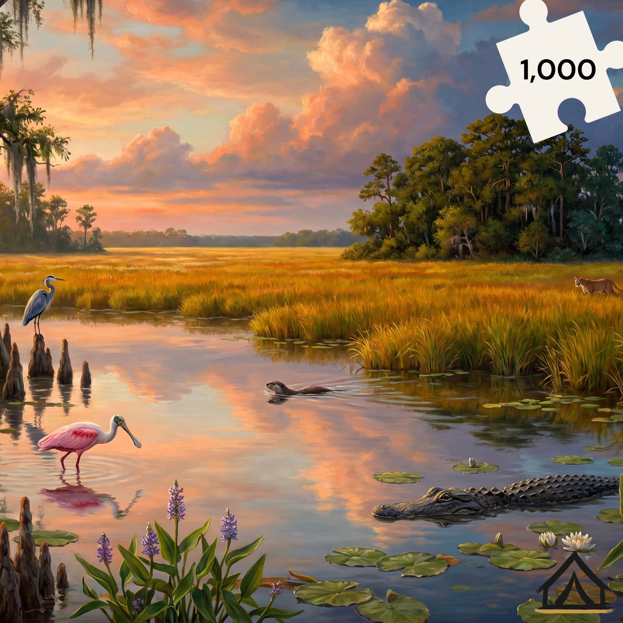 Everglades National Park golden hour jigsaw puzzle — Roseate Spoonbill Great Blue Heron alligator sawgrass 
prairie cypress trees — 1000 piece fine art