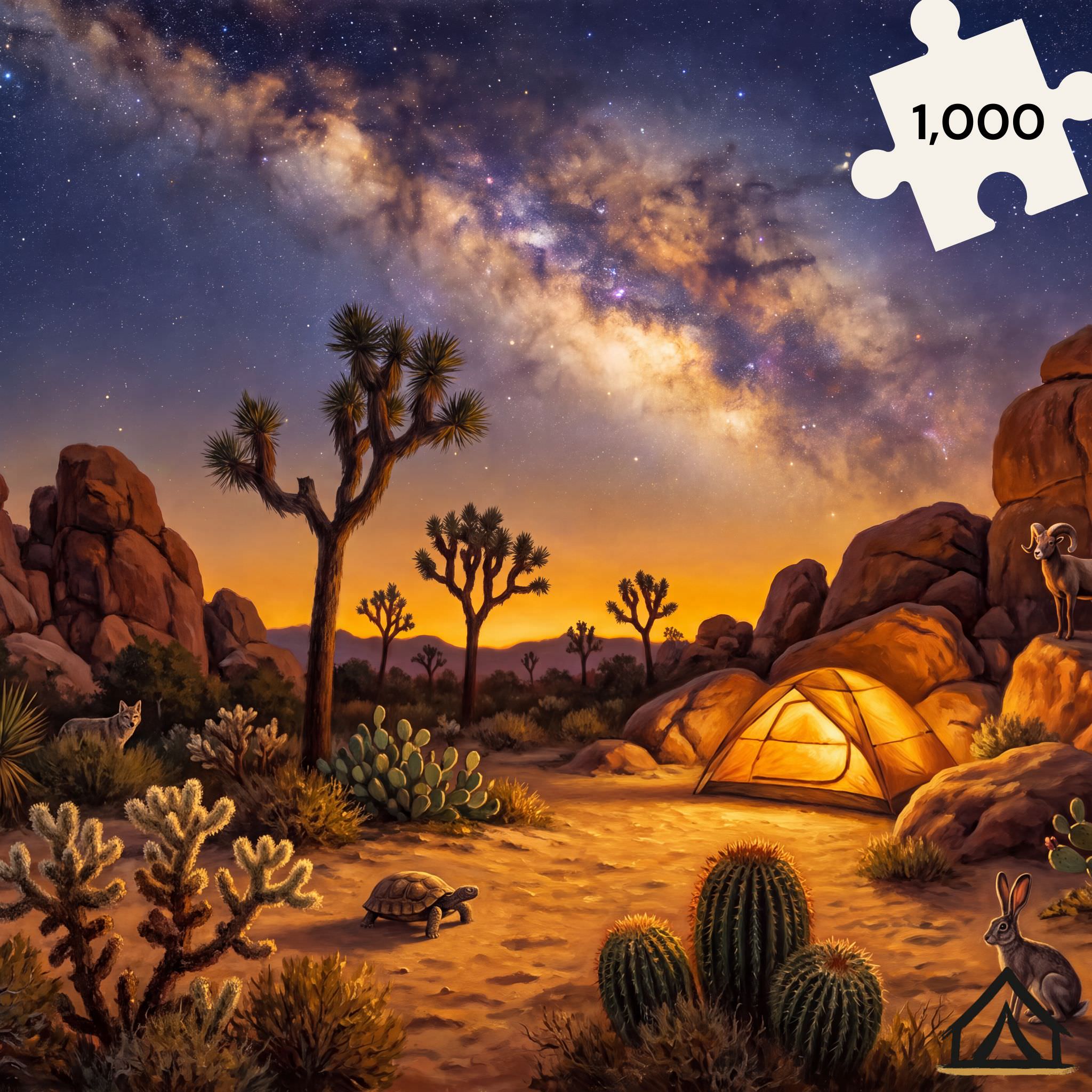 Joshua Tree National Park night sky jigsaw puzzle — Milky Way over twisted Joshua Tree silhouettes and honey amber monzogranite boulders — 1000 piece fine art