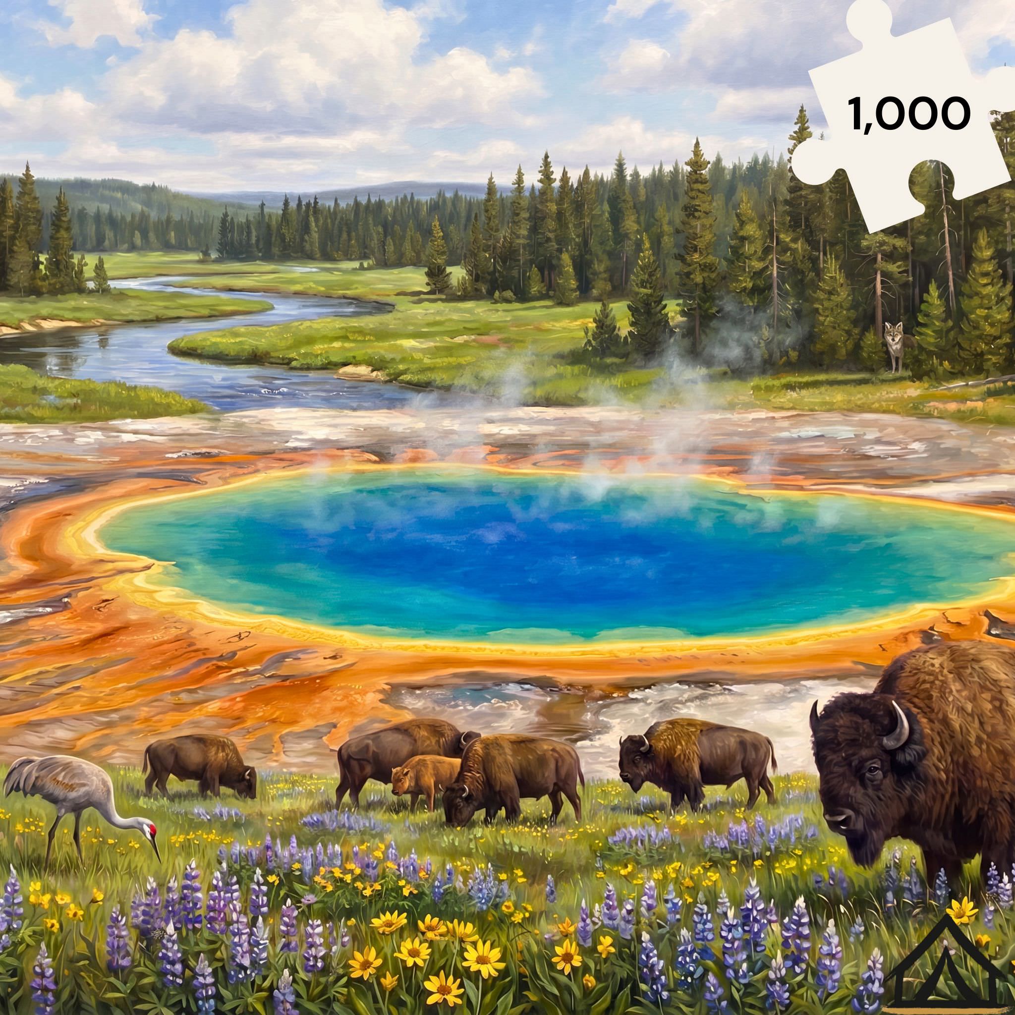 Yellowstone National Park Grand Prismatic Spring jigsaw puzzle — bison sandhill crane wildflowers — 1000 piece fine art