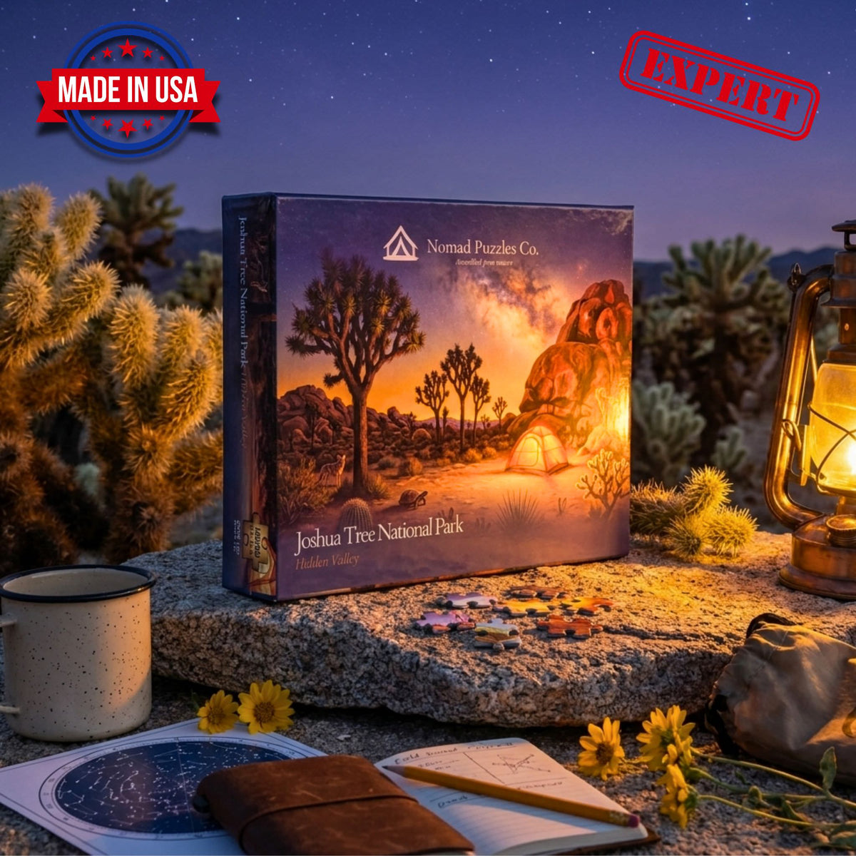 Nomad Puzzles Co. Joshua Tree 1,000-piece puzzle box on a granite boulder at twilight, with a brass lantern, teddy bear cholla, and stars overhead