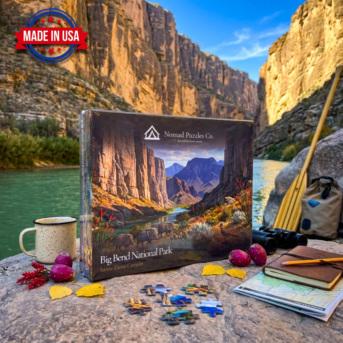 Nomad Puzzles Co. Big Bend Day puzzle box and completed 1000 piece jigsaw puzzle Santa Elena Canyon
