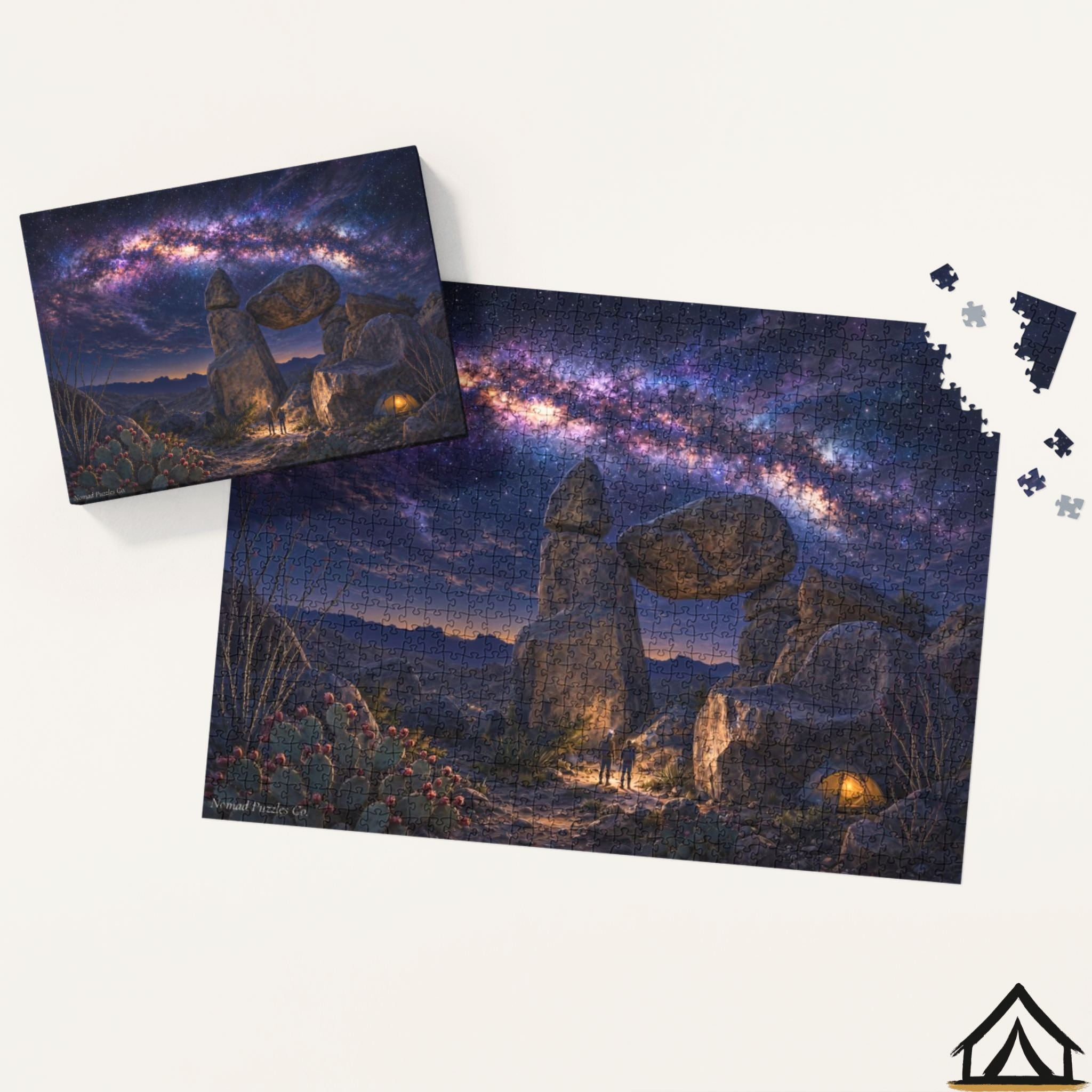 Nomad Puzzles Co. Big Bend Night puzzle box and completed 500 piece jigsaw puzzle