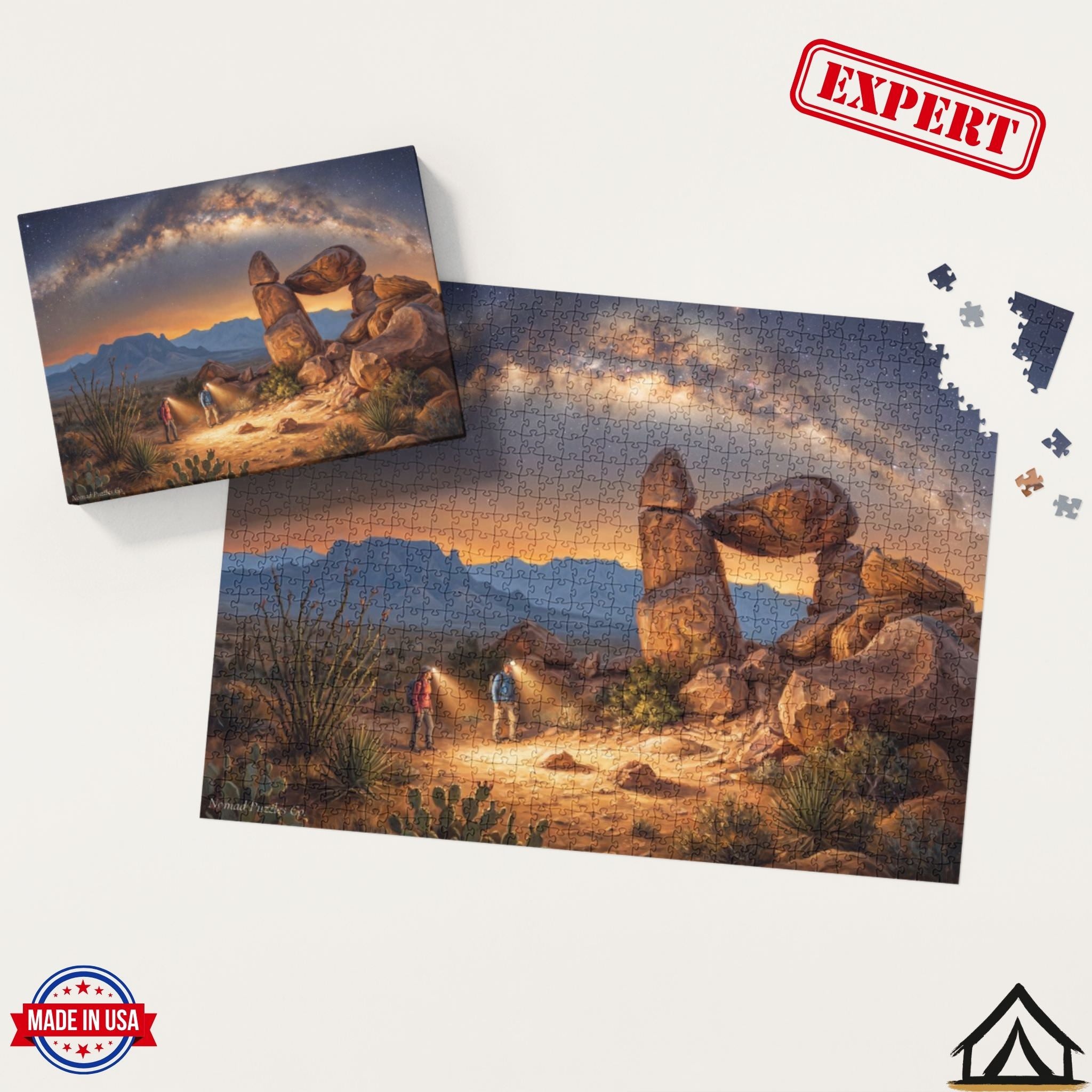 Nomad Puzzles Co. Big Bend Night puzzle box and completed 500 piece jigsaw puzzle