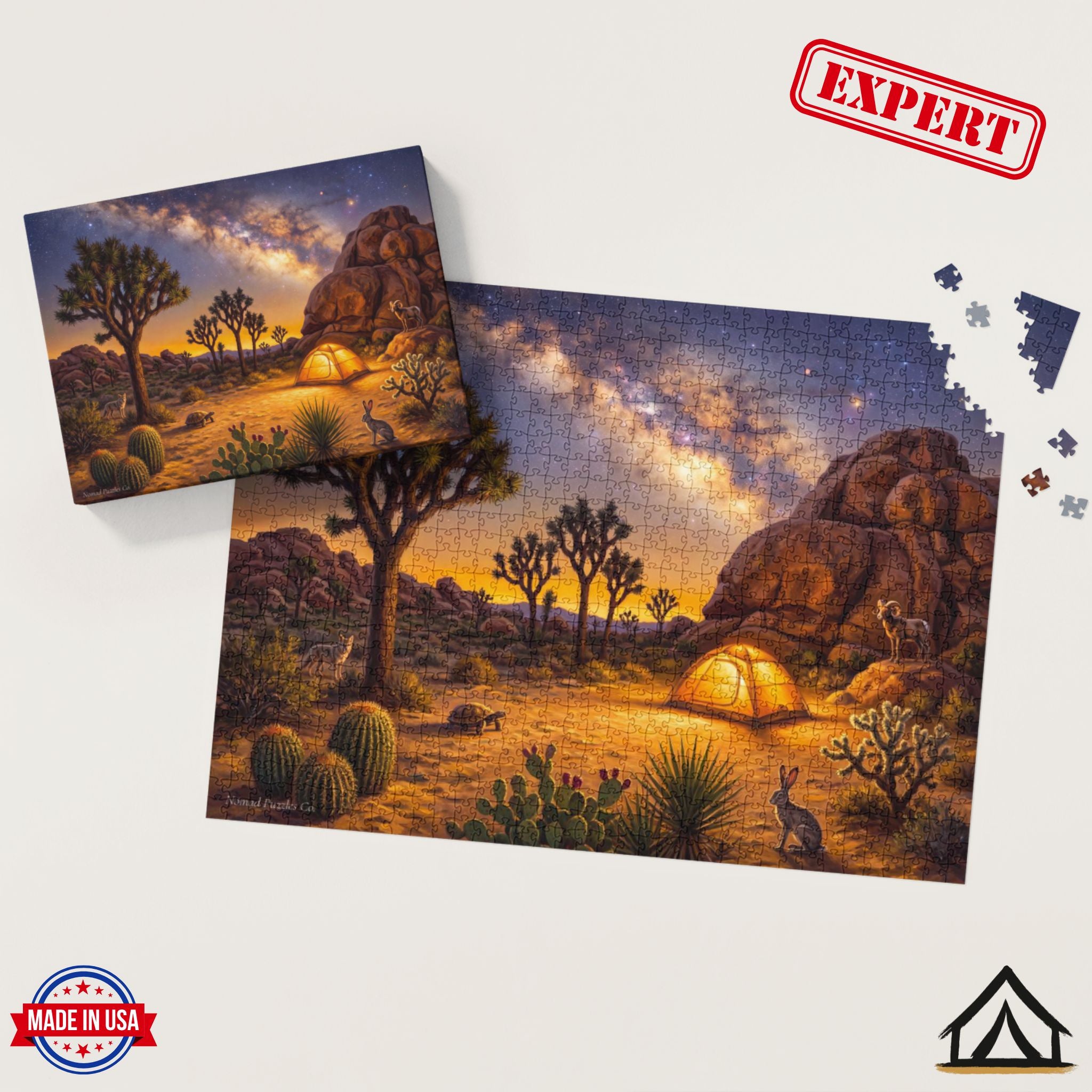 Nomad Puzzles Co. Joshua Tree Night puzzle box and completed jigsaw puzzle Hidden Valley dark sky