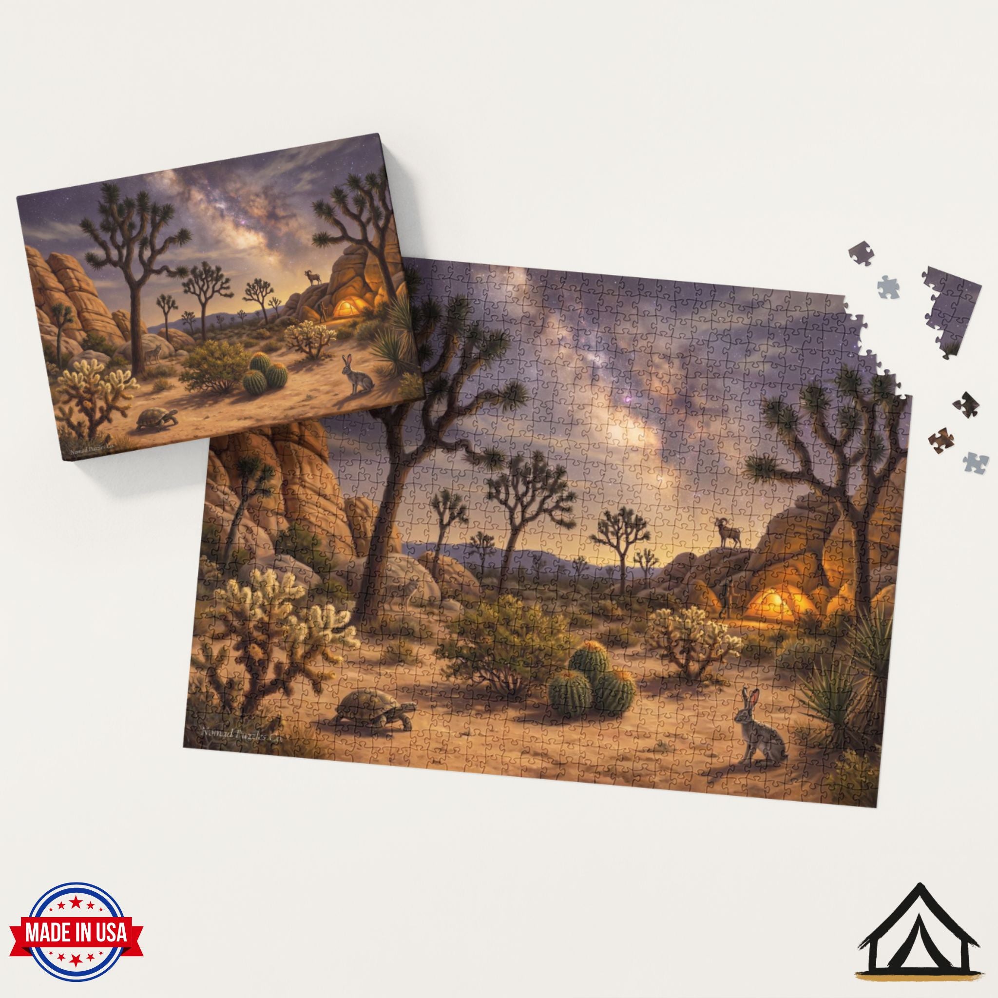 Nomad Puzzles Co. Joshua Tree Night puzzle box and completed jigsaw puzzle Hidden Valley dark sky