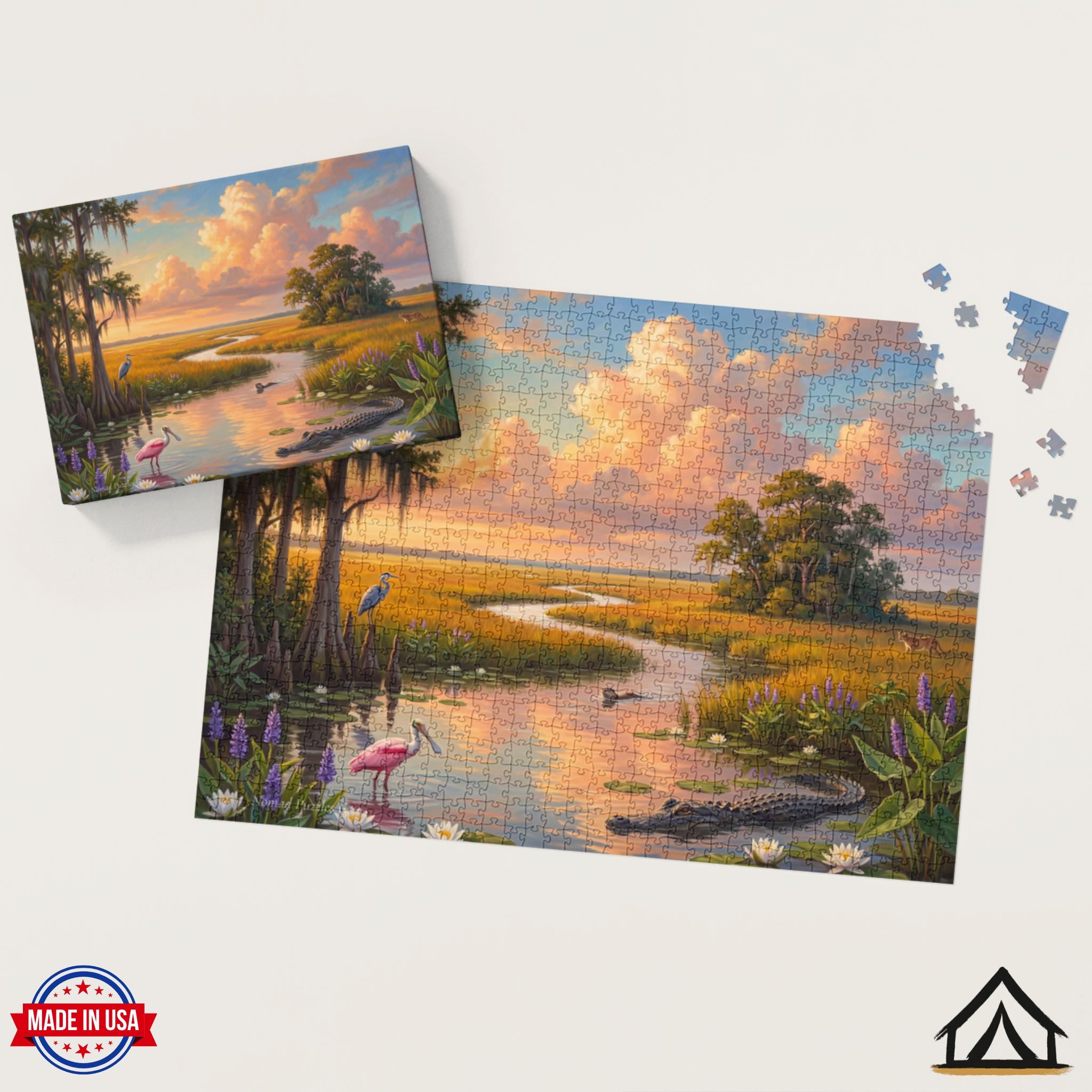 Nomad Puzzles Co. Everglades puzzle box and completed jigsaw puzzle golden hour sawgrass prairie