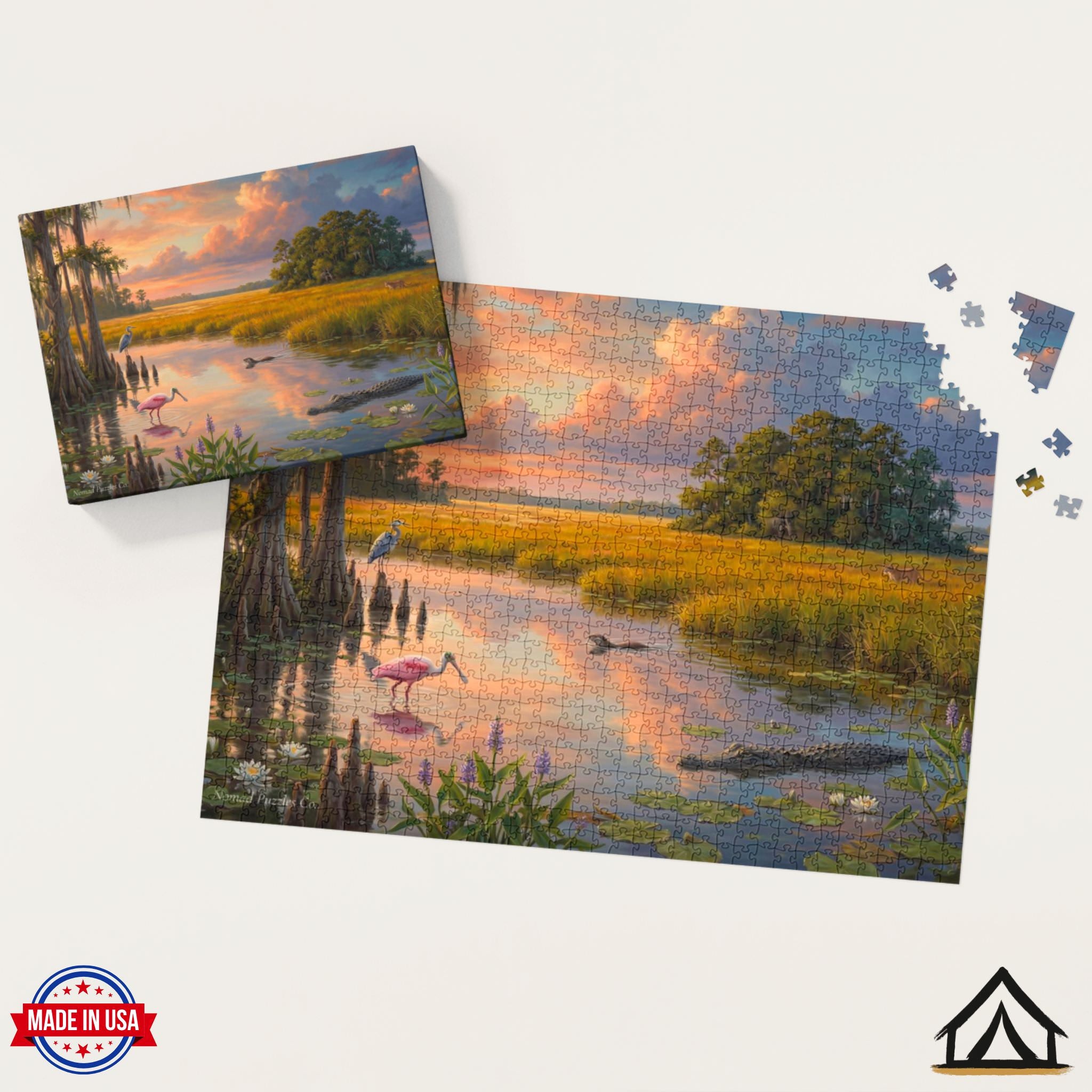 Nomad Puzzles Co. Everglades puzzle box and completed jigsaw puzzle golden hour sawgrass prairie
