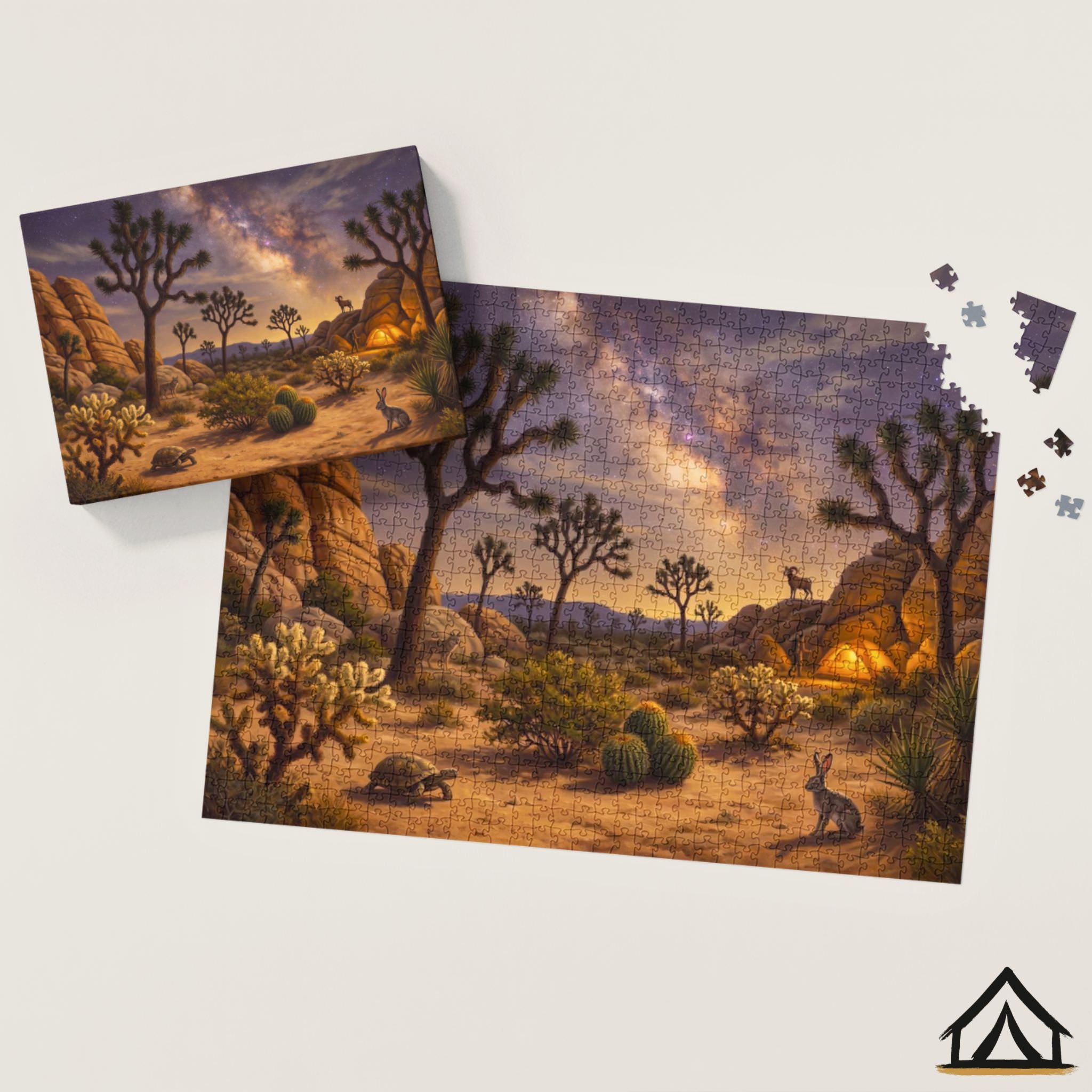 Nomad Puzzles Co. Joshua Tree Night puzzle box and completed jigsaw puzzle Hidden Valley dark sky