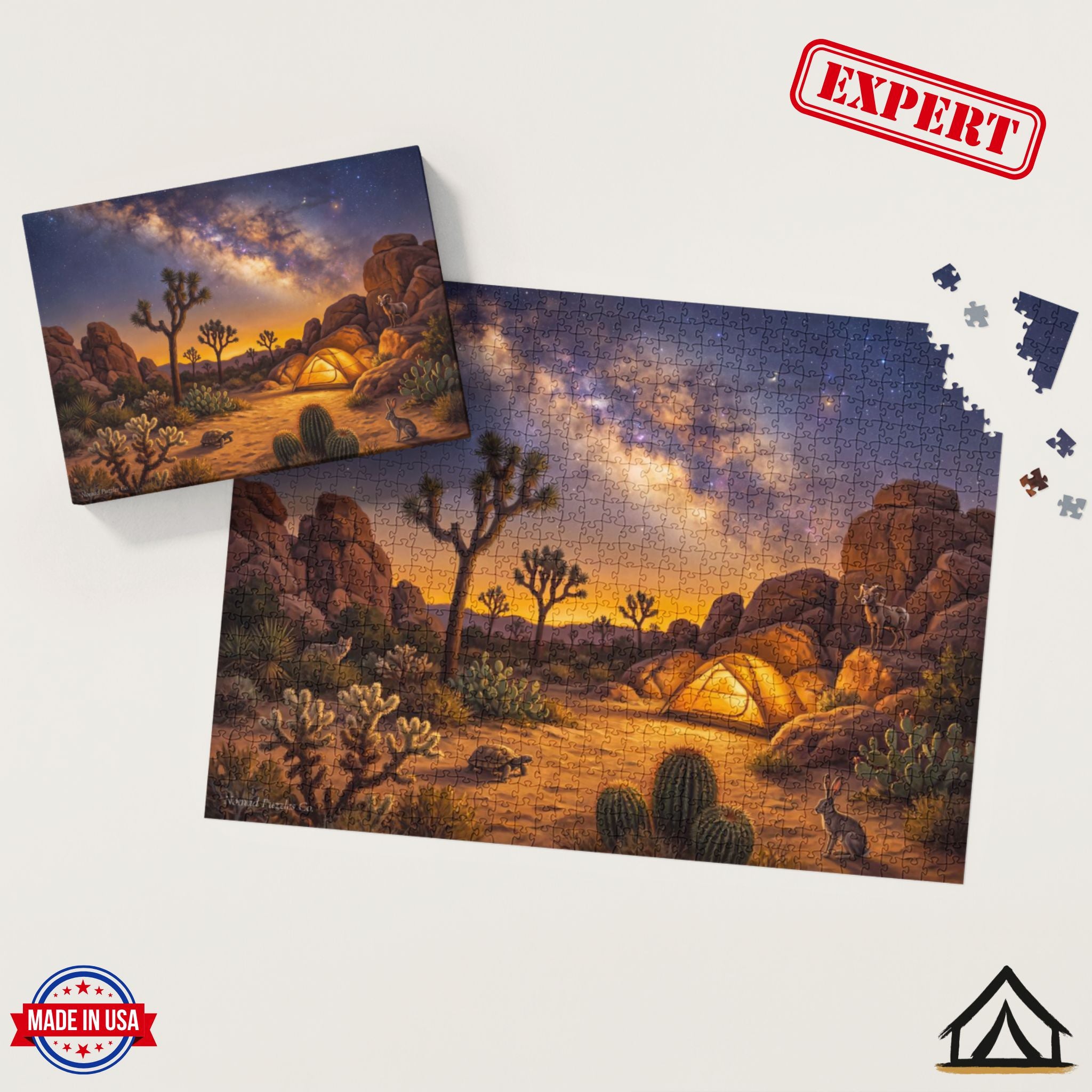 Nomad Puzzles Co. Joshua Tree Night puzzle box and completed jigsaw puzzle Hidden Valley dark sky