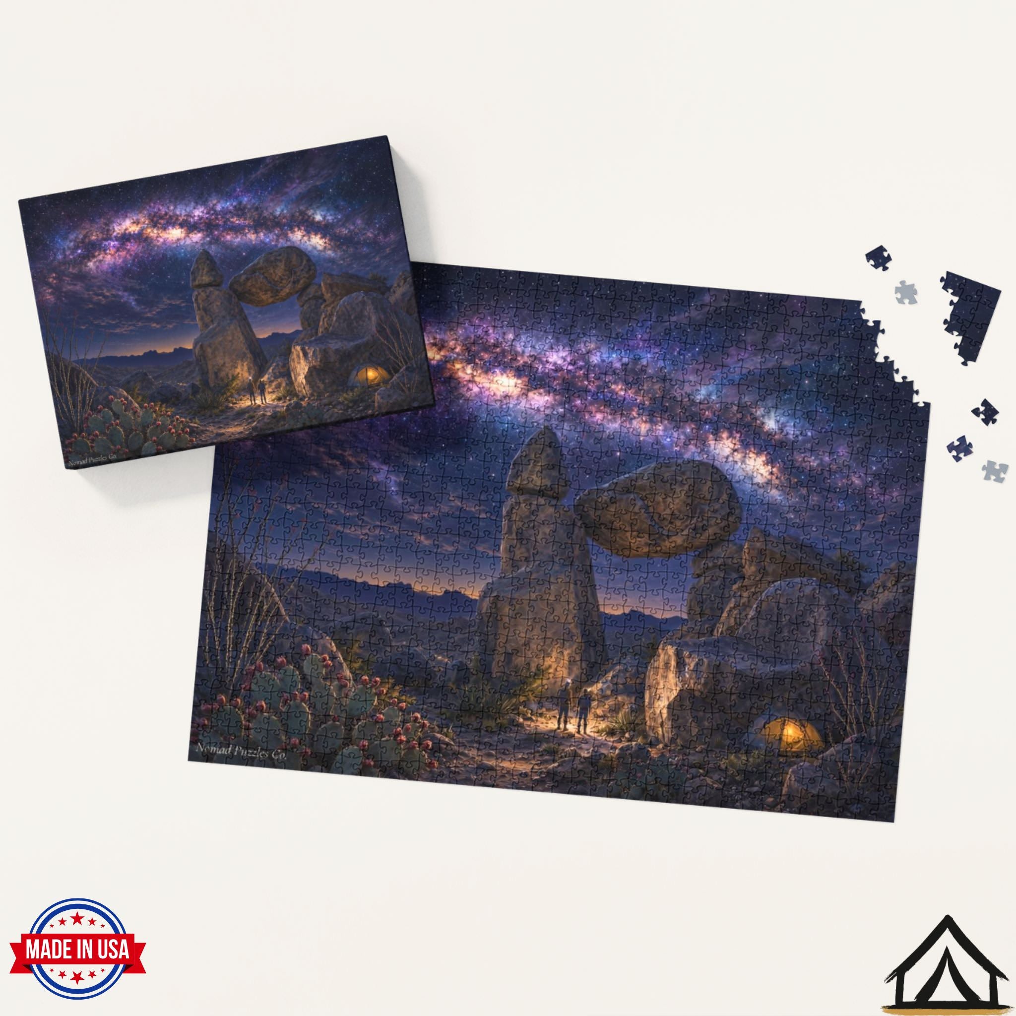Nomad Puzzles Co. Big Bend Night puzzle box and completed 500 piece jigsaw puzzle