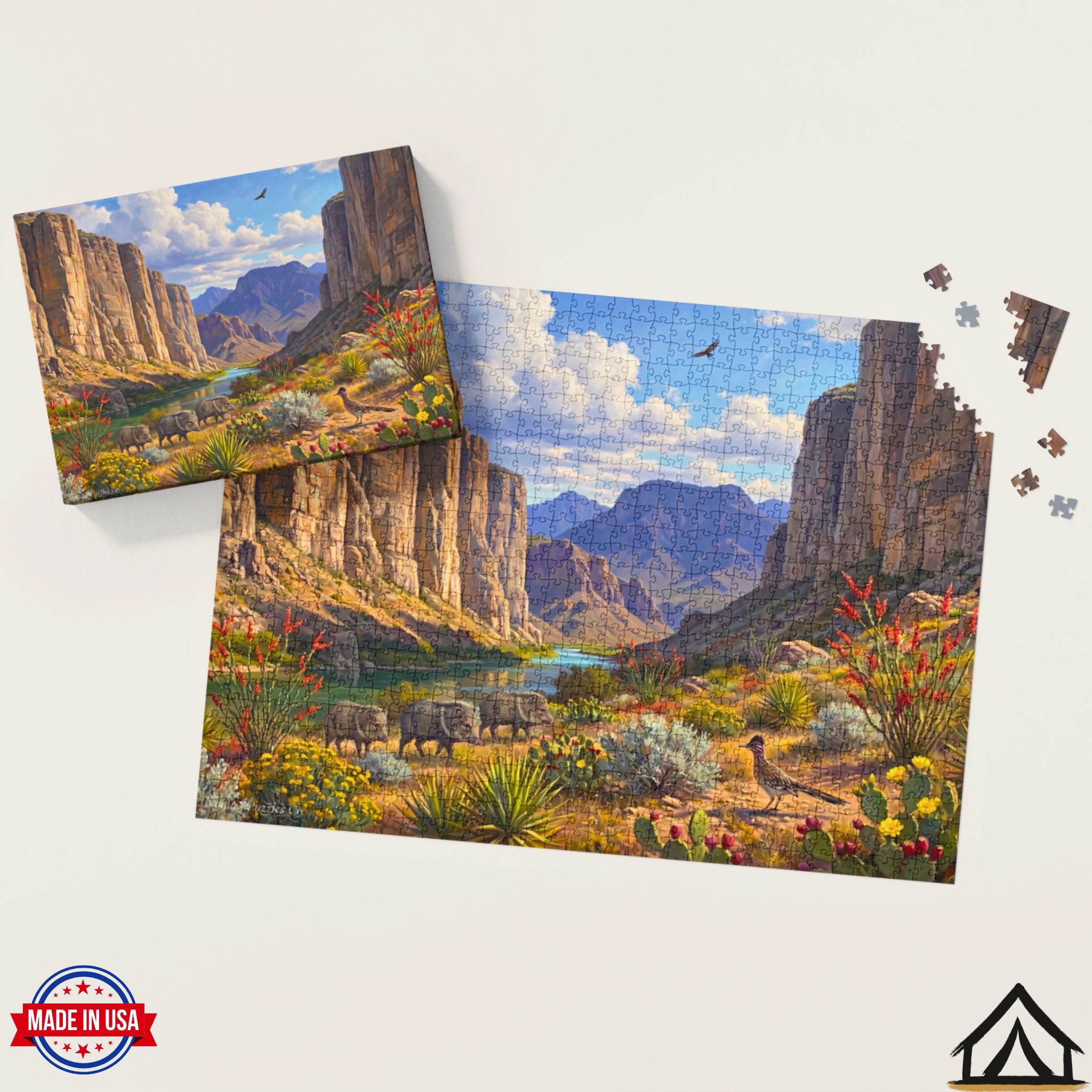 Nomad Puzzles Co. Big Bend Day puzzle box and completed 1000 piece jigsaw puzzle Santa Elena Canyon