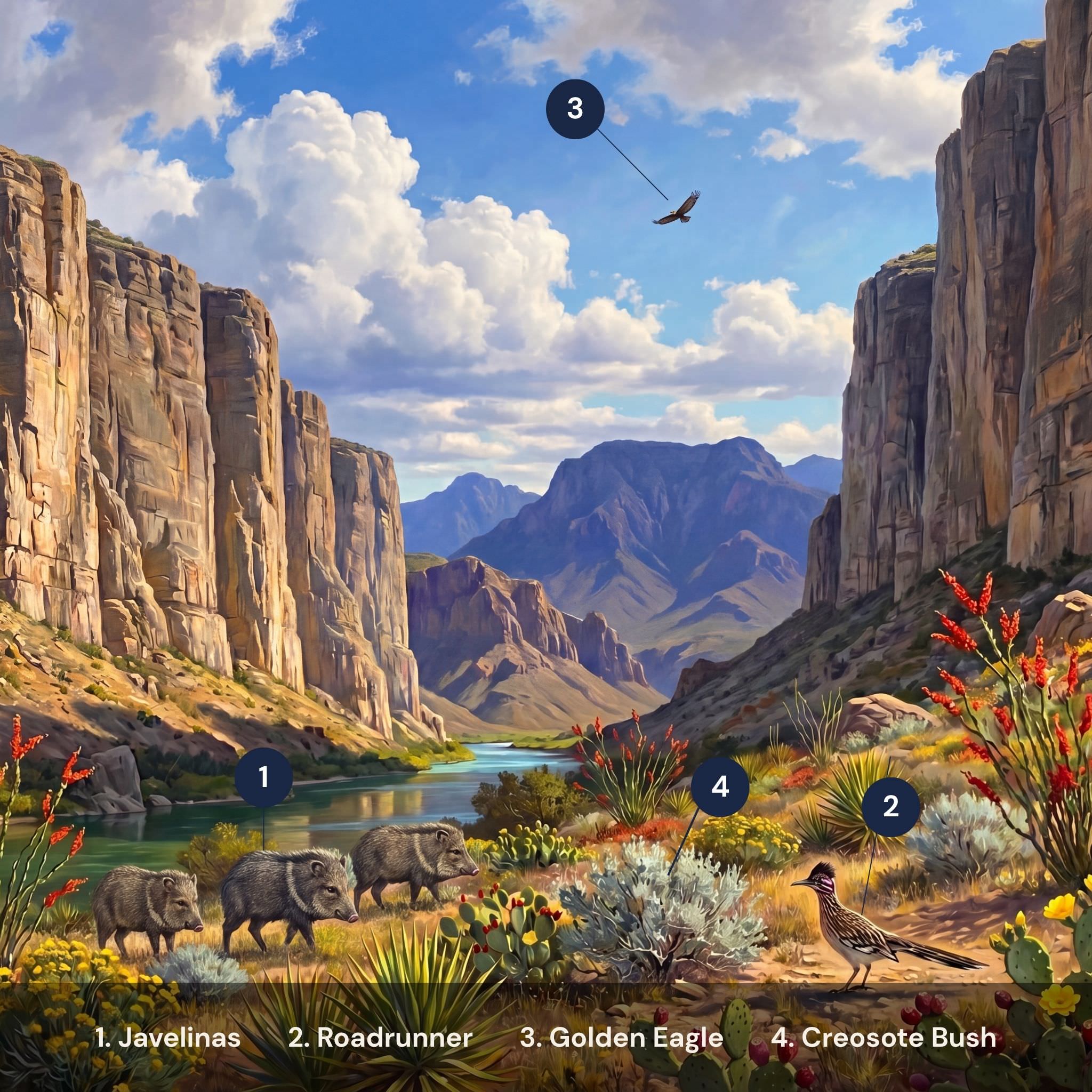 Big Bend National Park puzzle flora fauna guide — ocotillo prickly pear roadrunner javelina