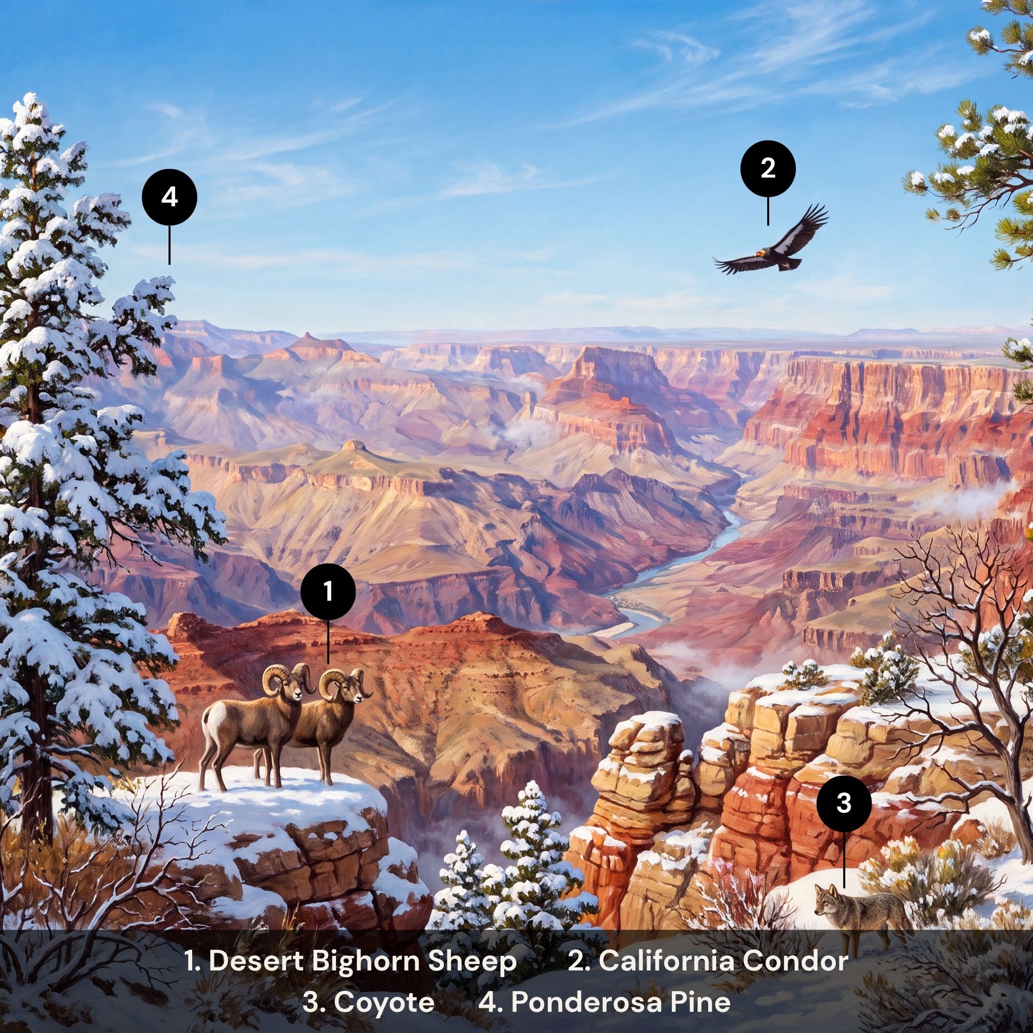 Wildlife guide for Grand Canyon Winter puzzle featuring desert bighorn sheep, California condor, mule deer, and ponderosa pine. Made in USA