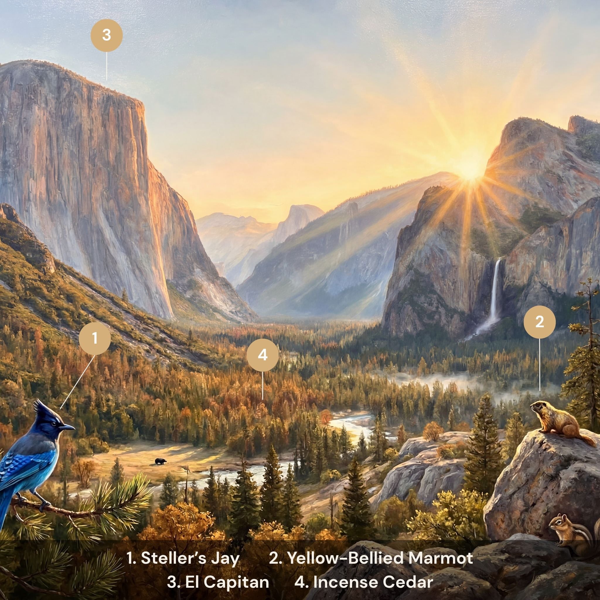 Steller's jay yellow-bellied marmot El Capitan incense cedar Yosemite Valley wildlife guide